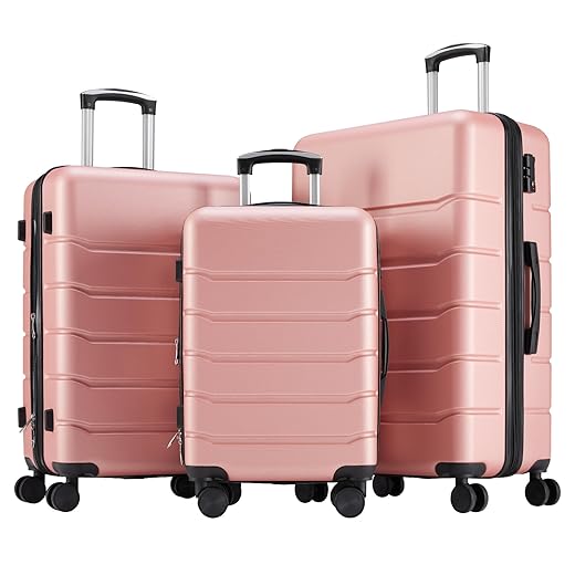 OLIXIS 3-Piece Suitcase Set, Hardside Luggages with Spinner Wheels, Lightweight ABS Hard Shell Travel Luggage, Expandable Carry-On Suitcase with TSA Approved Lock –Pink(20+24+28 Inch)