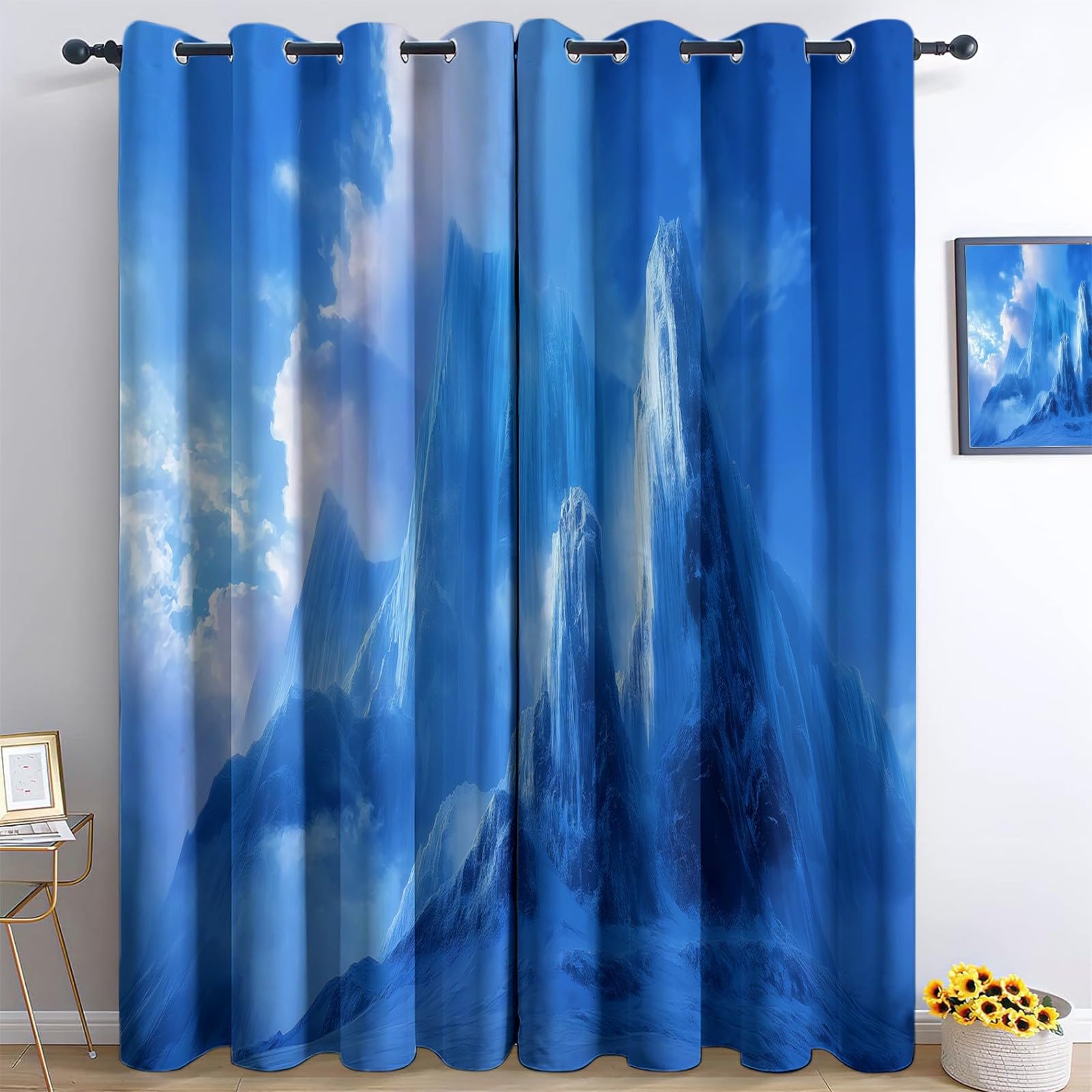 Verdunklungsvorhänge EIS Schnee Kinderzimmer Vorhänge Blickdicht, Blau Thermovorhang mit Ösen, für Schlafzimmer Fenster & Balkon Berge Wolken Nebel Filme - 110 x 215 cm (2er Set)