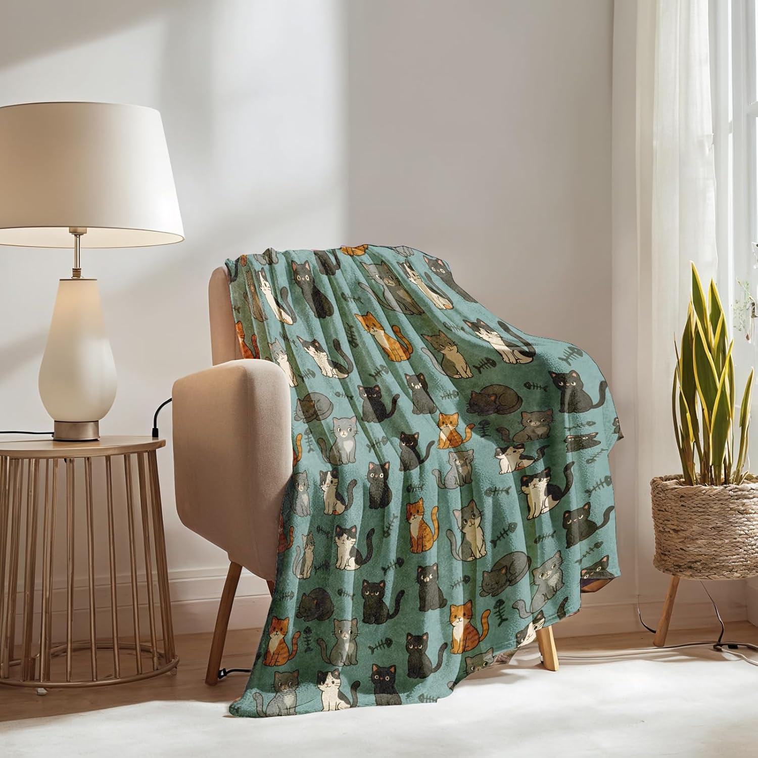 Cute Cat Blanket Gifts for Boys Girls Kids, Cartoon Kittens and Fishbone Warm Soft Flannel Throw Blankets for Travel, Sofa, Room, Bedroom Birthday Christmas Spring Decor, 50x60 in - Image 2