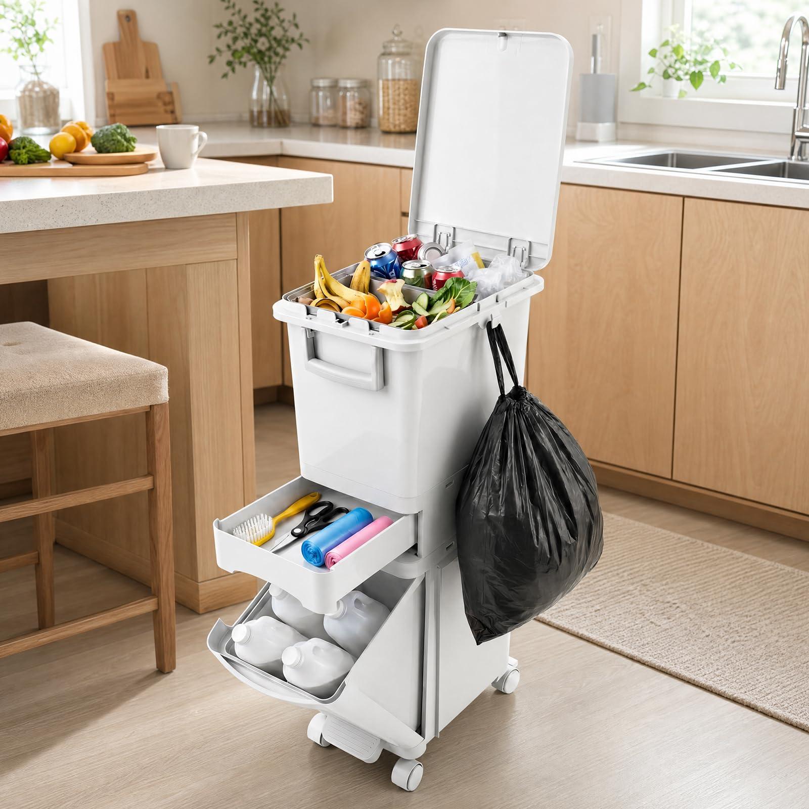32 L Mülleimer Küche 3 Fächer, Abfalleimer mit Deckel & Pedal, Mülleimer auf Rädern, Mülltrennsystem mit Kippbehälter, Deckel, Schublade, Küchenabfalleimer für Küche & Wohnzimmer, Weiß