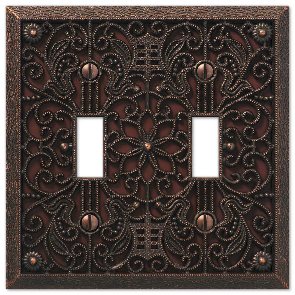 65TTDB Filigree Wallplate, 2 Toggle, Cast Metal, Aged Bronze, 1-Pack