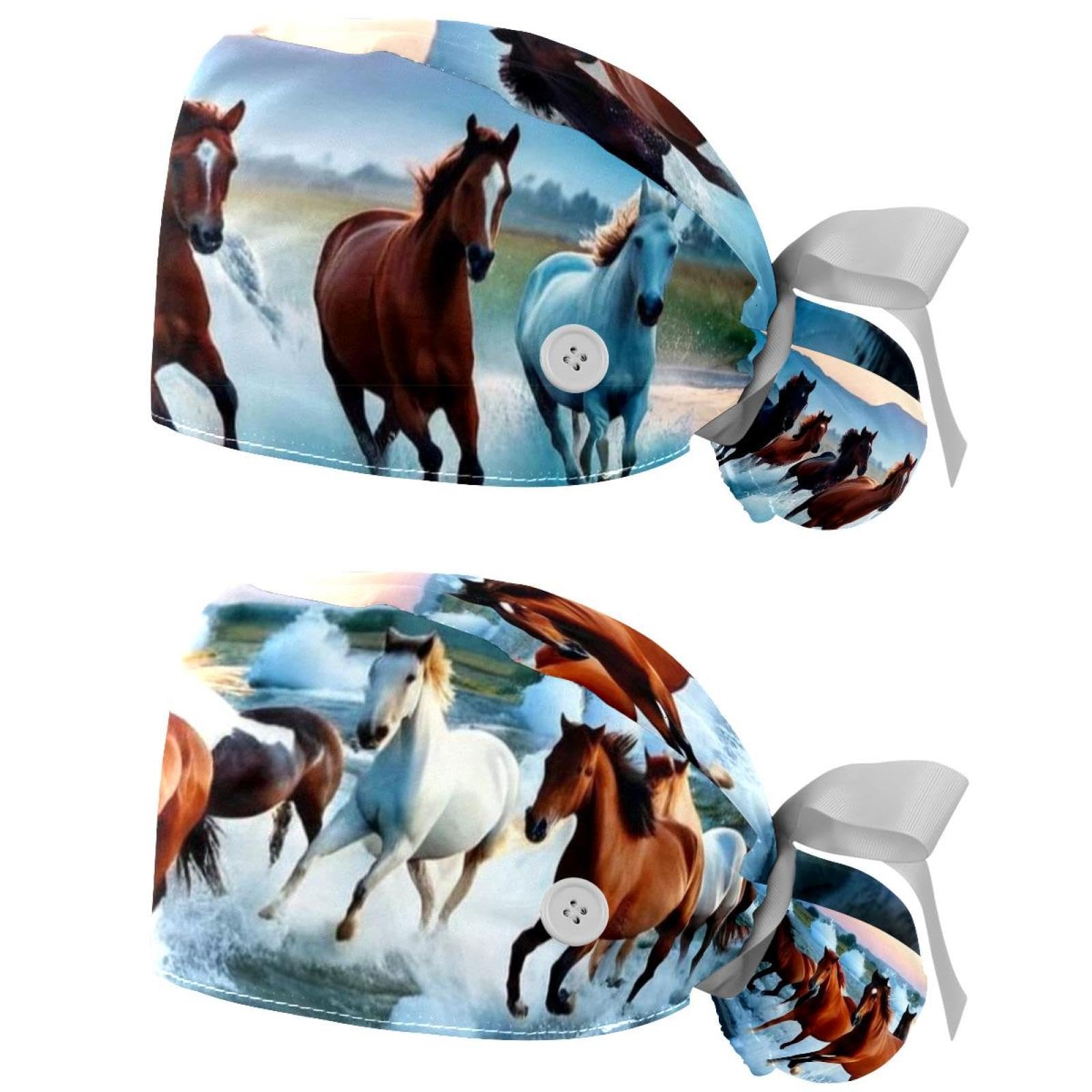 3D Horse and Beach 2 Pack Surgical Scrub Caps for Women, Adjustable Working Caps Nurse Hat Ponytail Holder Tie Back Scrub Hat, Long Hair