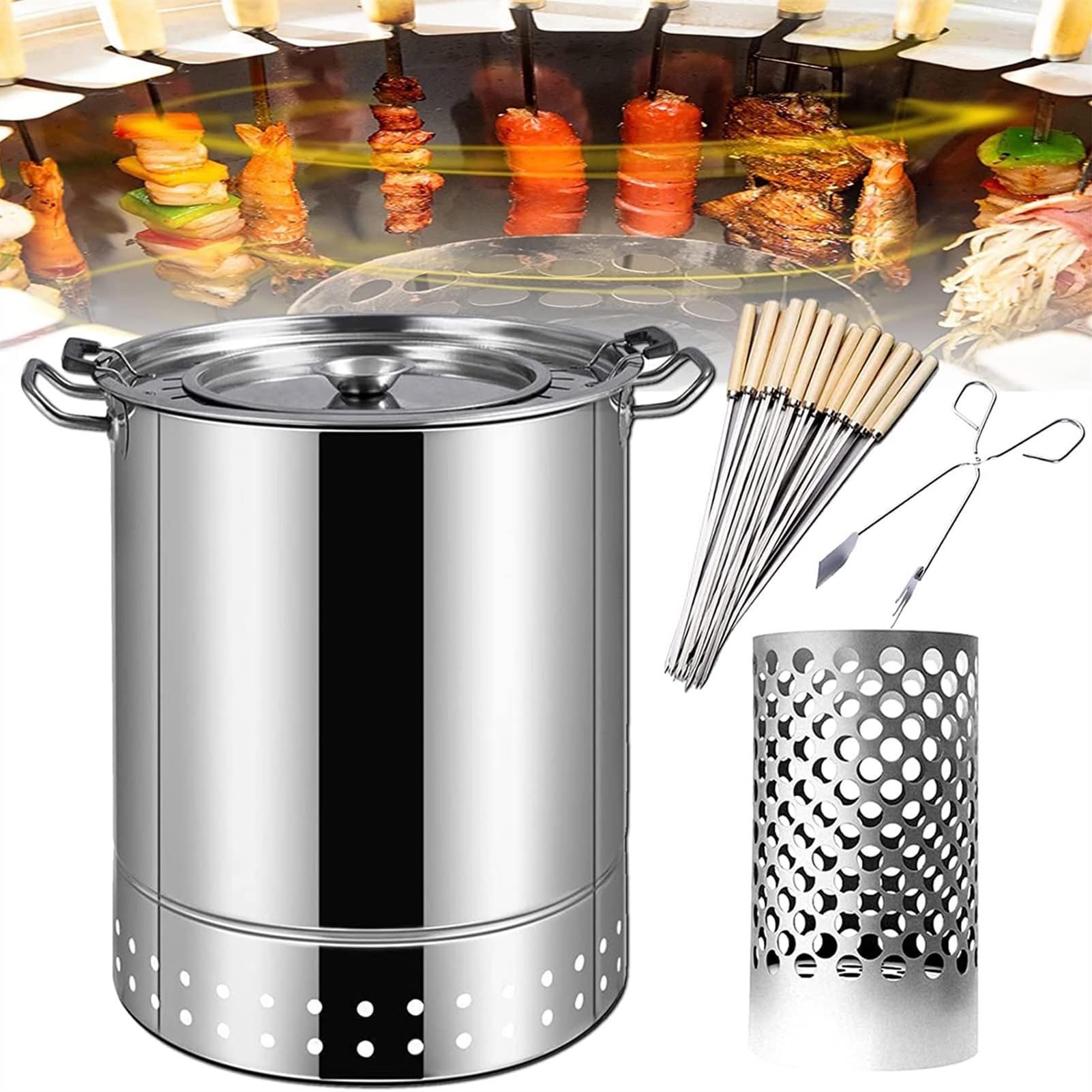 GAOXIAO Grill do użytku wewnątrz, bezdymny, węglowy, przenośny piec węglowy, pionowy grill wędzarniczy, zewnętrzny, kempingowy grill węglowy, mini piecyk do grilla silver Small (22 skewers)
