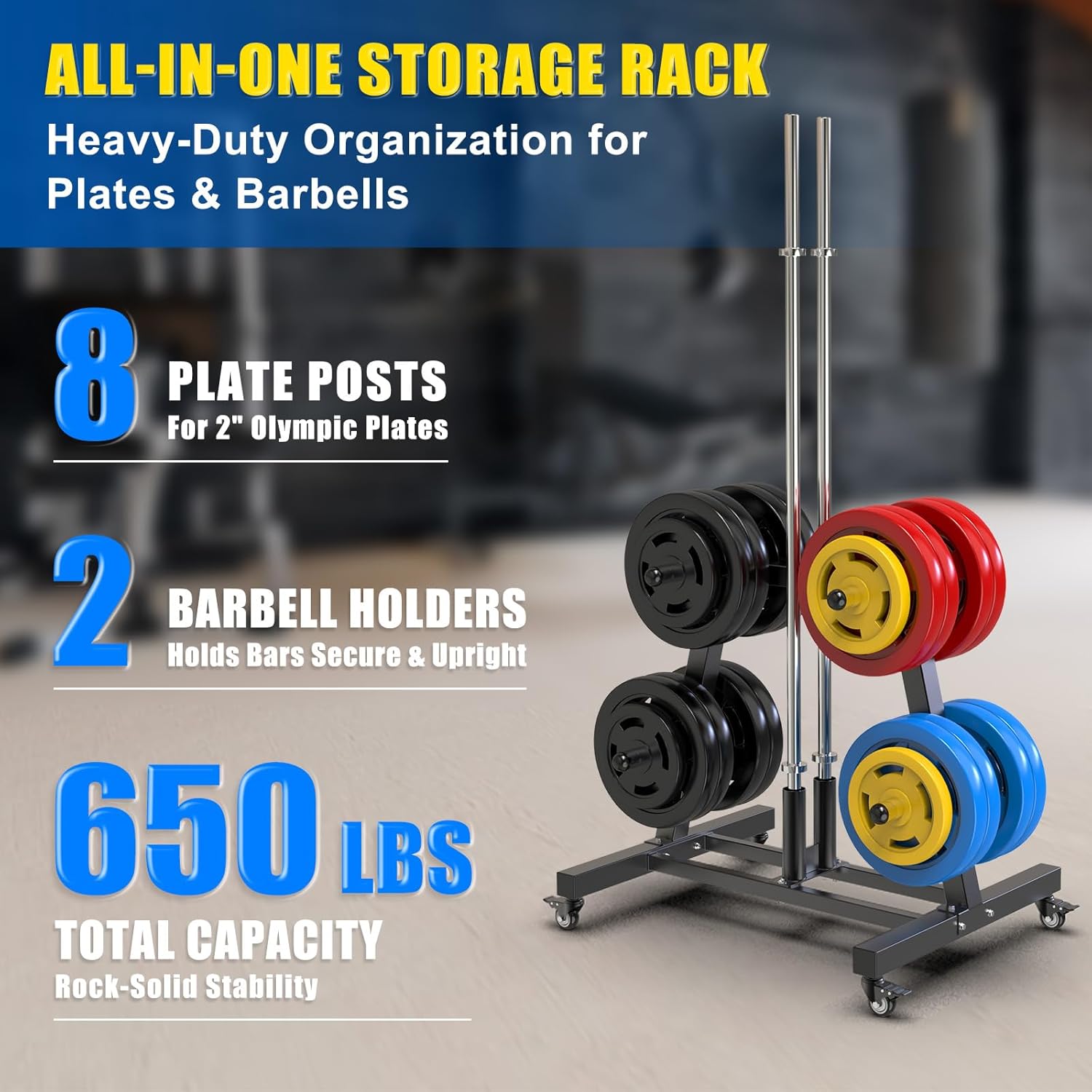 Kipika Weight Plate Tree Rack, Weight Holder for 2 inch Olympic Weight Plate & 2 Barbell Holders, Heavy Duty Bumper Plate Storage Organizer for Home Gym with Optional Wheels