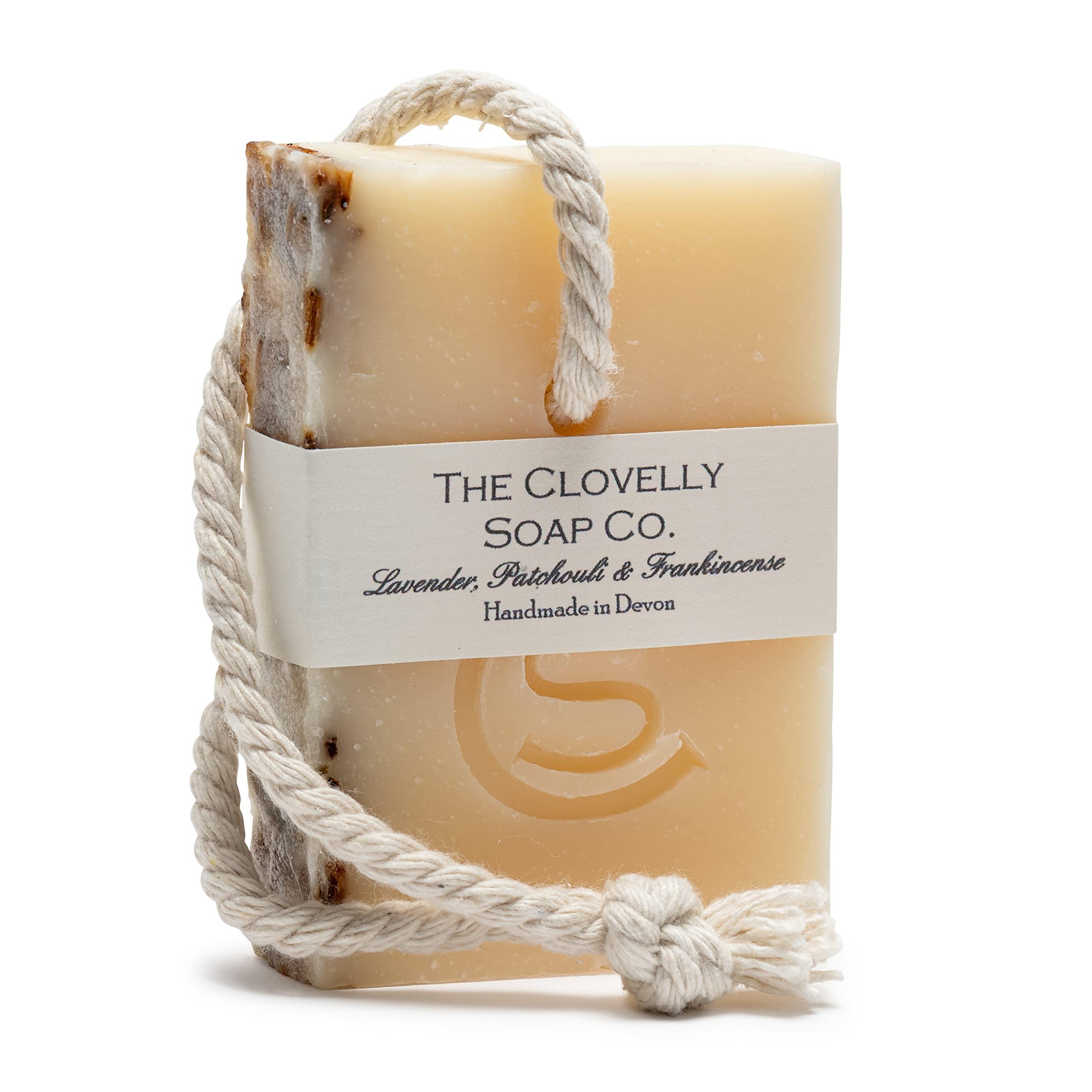 Clovelly Soap Co Natural Handmade Soap on a rope Bar (Lavender Patchouli & Frankincense, 100g) For all skin types.