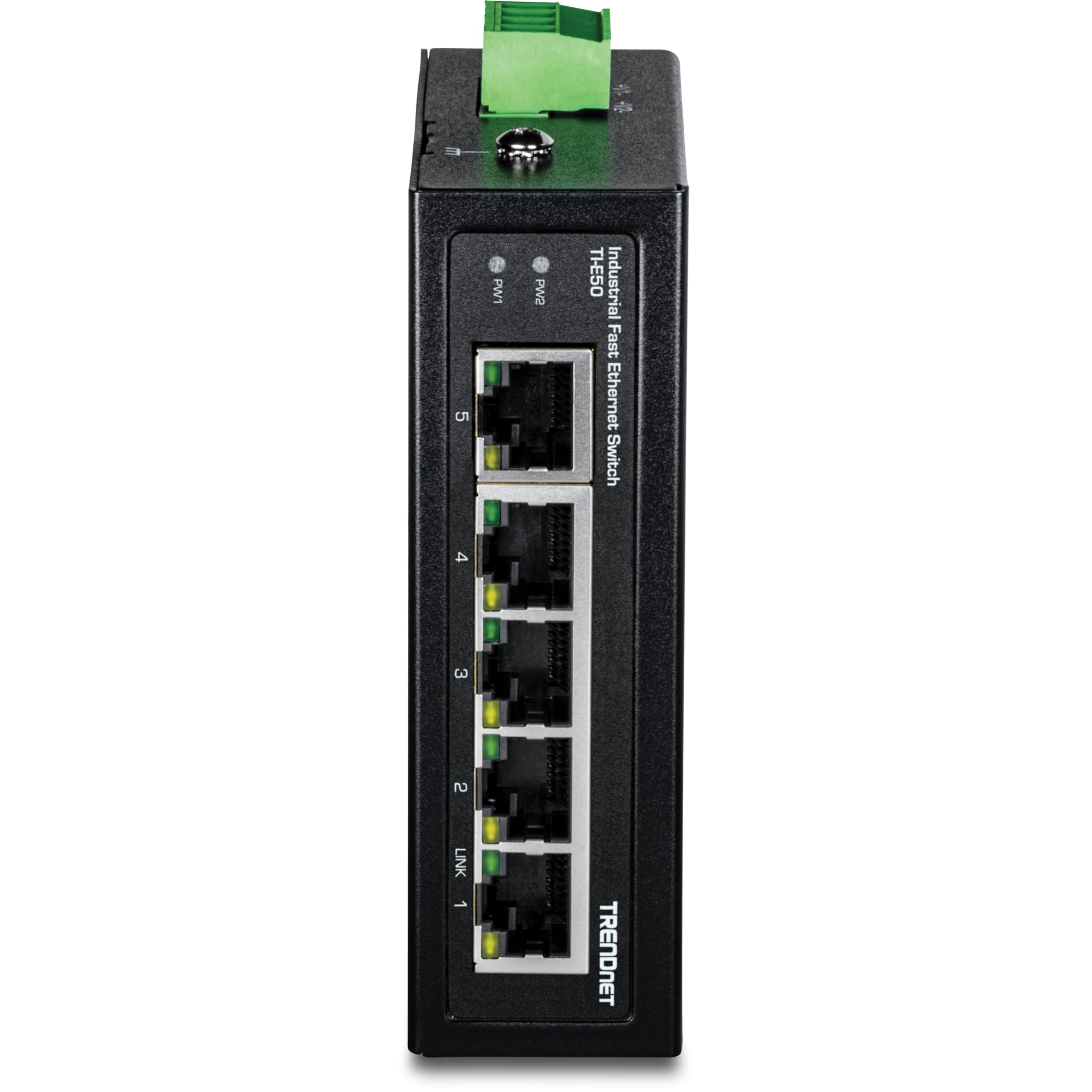 TRENDnet, TI-E50, Switch Industrial DIN-Rail Fast Ethernet de 5 Puertos, clasificación IP50, Rango de Temperatura Extrema, Capacidad de conmutación de 1 Gbps