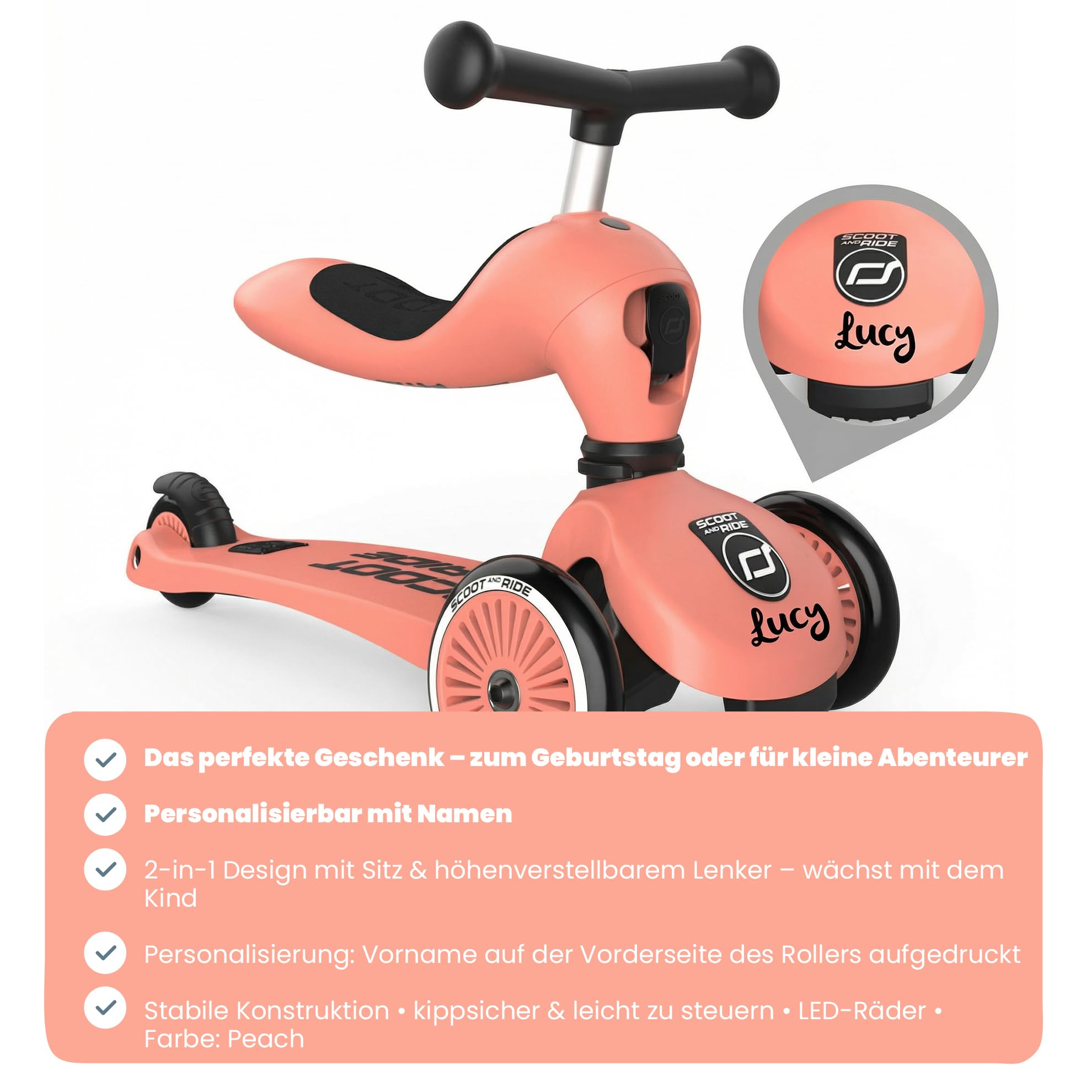 Scoot and Ride – Highwaykick 1 Pêche – 2-en-1 avec siège & réglable en Hauteur – pour Enfants de 1 à 5 Ans – personnalisé avec Le prénom