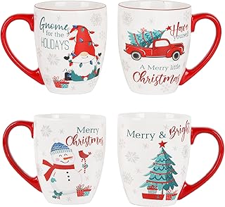 DUSVALLY Christmas Coffee Mug Ceramic Mugs Big Latte Tea Cup 18oz.Set of 4,Truck,Snowman,Gnome and Christmas Tree