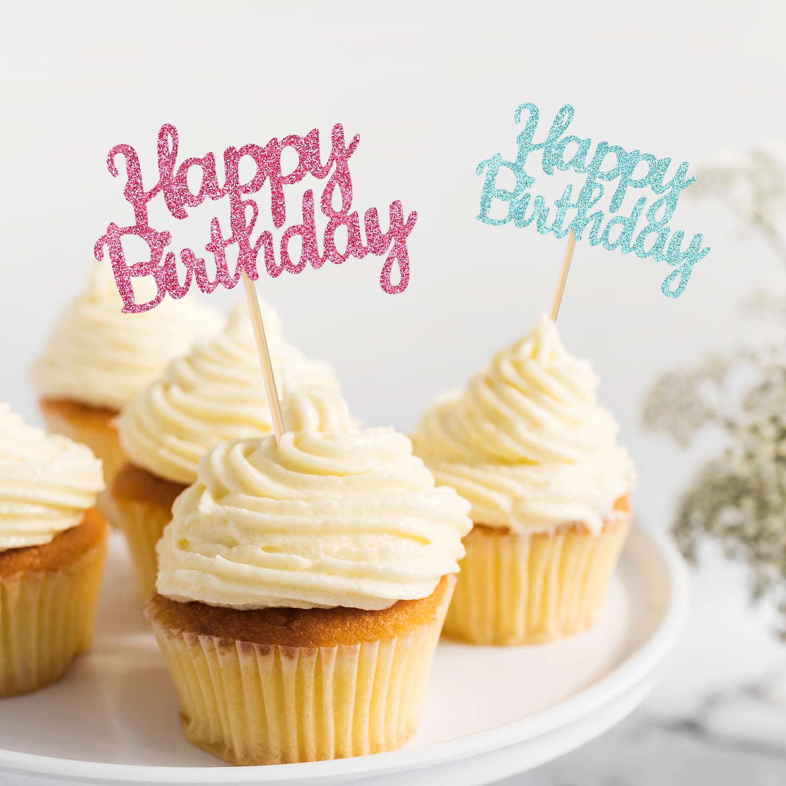 24 Topper Per Cupcake Glitterati – Buon Compleanno In Oro, Rosa E Argento, Con Stecchini In Bambù