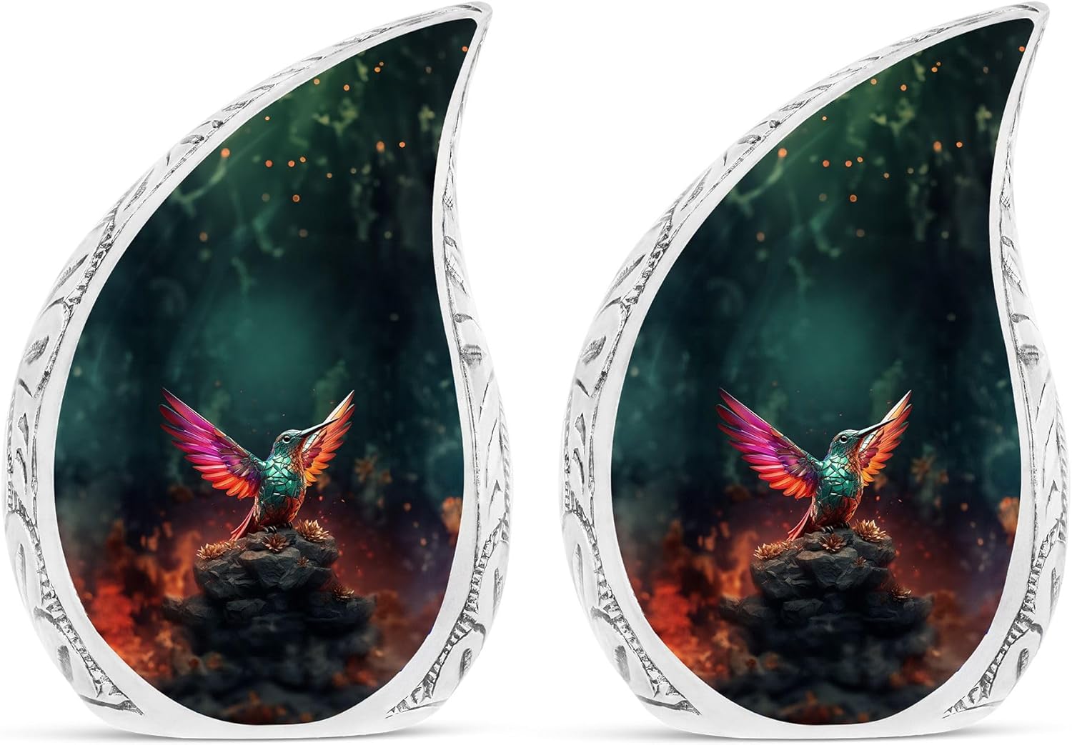 Humming Bird with Green Background - Teardrop Mini Cremation Urns for Men - 3 Inch, 2 Pcs