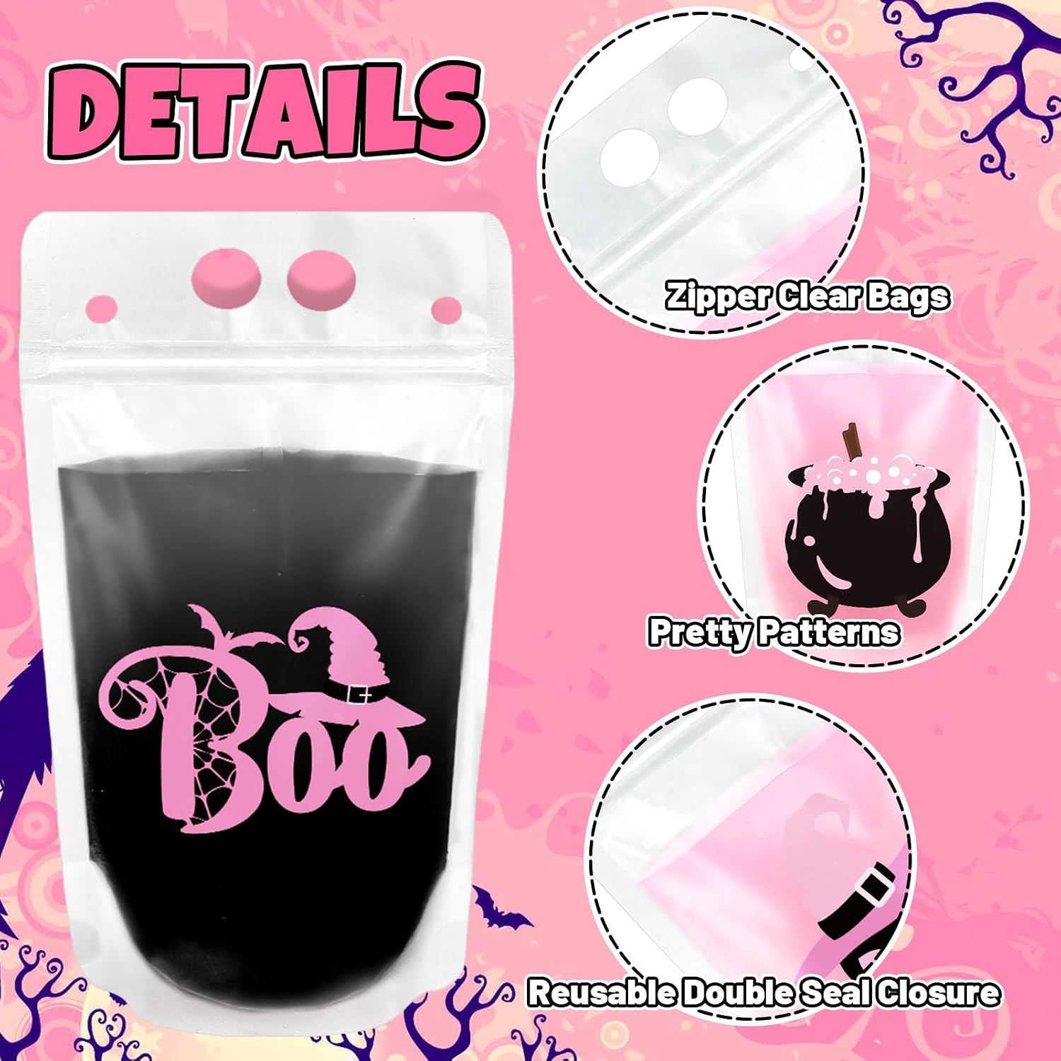 JarThenaAMCS 36 Sets Halloween Drink Pouches Ghost Boo Cat Clear Plastic Juice Pouches Pink Black Handheld Drink Bags with Straws for Holiday Trick or Treat Party Adults Alcohol image 4