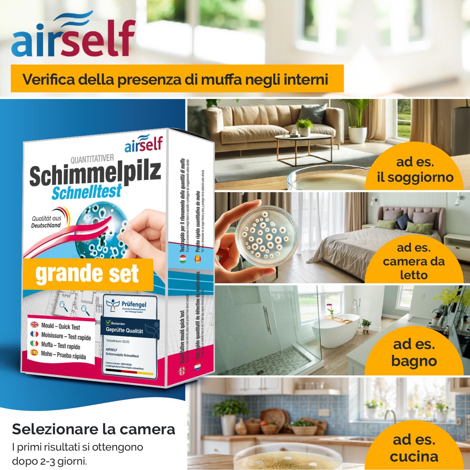 Test muffa airself multipack – kit con 12 terreni di coltura per analisi dell’aria interna e rilevamento delle spore in più ambienti