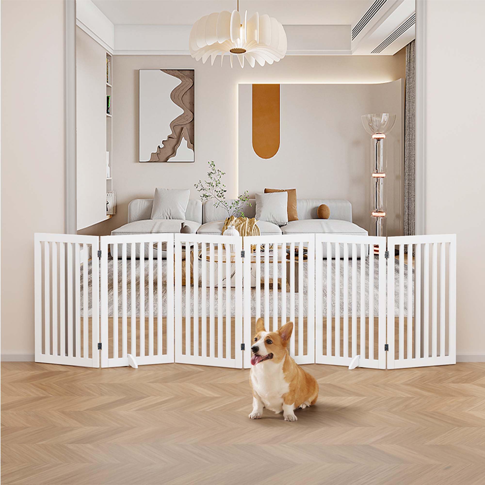 Unipaws Hundegitter 306 cm extra breit freistehendes Hundetor faltbares Welpengitter Holz Laufstall erweiterbare Hundebarriere (91 cm, Weiß)