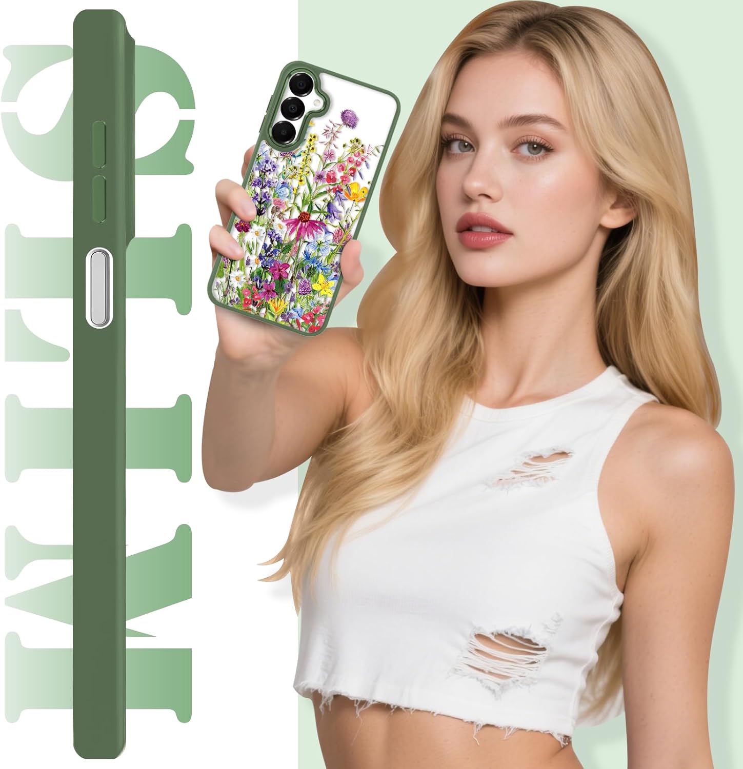 for Samsung Galaxy A16 5G Case（6.7 inch） with Tempered Glass Screen Protector Slim Soft TPU & Hard PC Crystal Clear Cover, Elegant Cute Floral Pattern Design for Girls Women-Blossoms/Green - Image 7