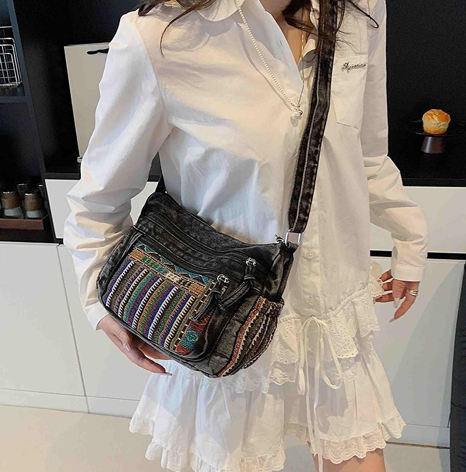 Black Denim Purse Crossbody Bags, Boho Hobo Crossbody Bags for Women, Casual Hippie Travel Purse with Lots of Pockets - Image 2