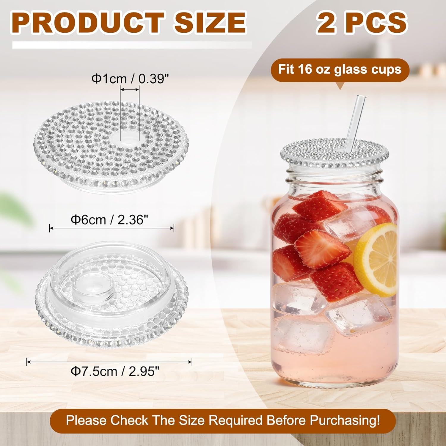 uxcell 2Pcs Acrylic Lids for 16 oz Glass, Reusable Plastic Tumbler Replacement Lids Rhinestone Canning Caps with Hole for Beer Can Drinking Glasses Tumblers, Transparent White