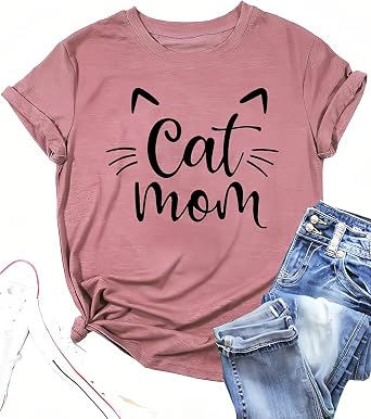 Cat Mom Shirts for Women Summer Short Sleeve Funny Cat Graphic T-Shirt Mothers Day Graphic Outfit Tee Tops