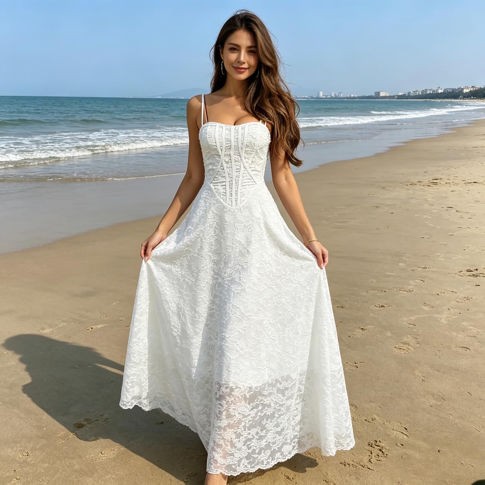 Vestido de dama de honor con tirantes delgados para mujer, con encaje floral, cuello drapeado, largo, plisado, formal, vestido de noche de boda