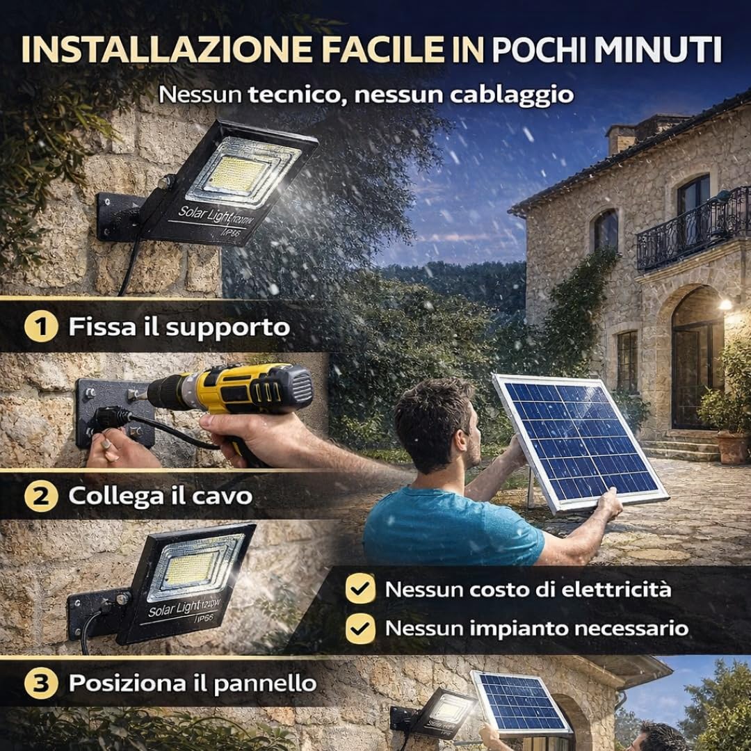 Faro Solare LED 1000W con Pannello Solare, Luce Esterno 6500K Ultra Potente, Sensore Crepuscolare Automatico, Telecomando, IP67 Impermeabile, Faretto da Esterno per Giardino, Cortile, Strada.