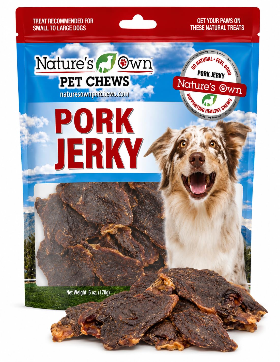 Nature's Own Pet Chews Pork Jerky Dog Treats, 6 oz Bag, All Natural Pork Jerky for Dogs, High Protein Soft Chews for Small to Large Dogs, Grain Free Single Ingredient Dog Snacks