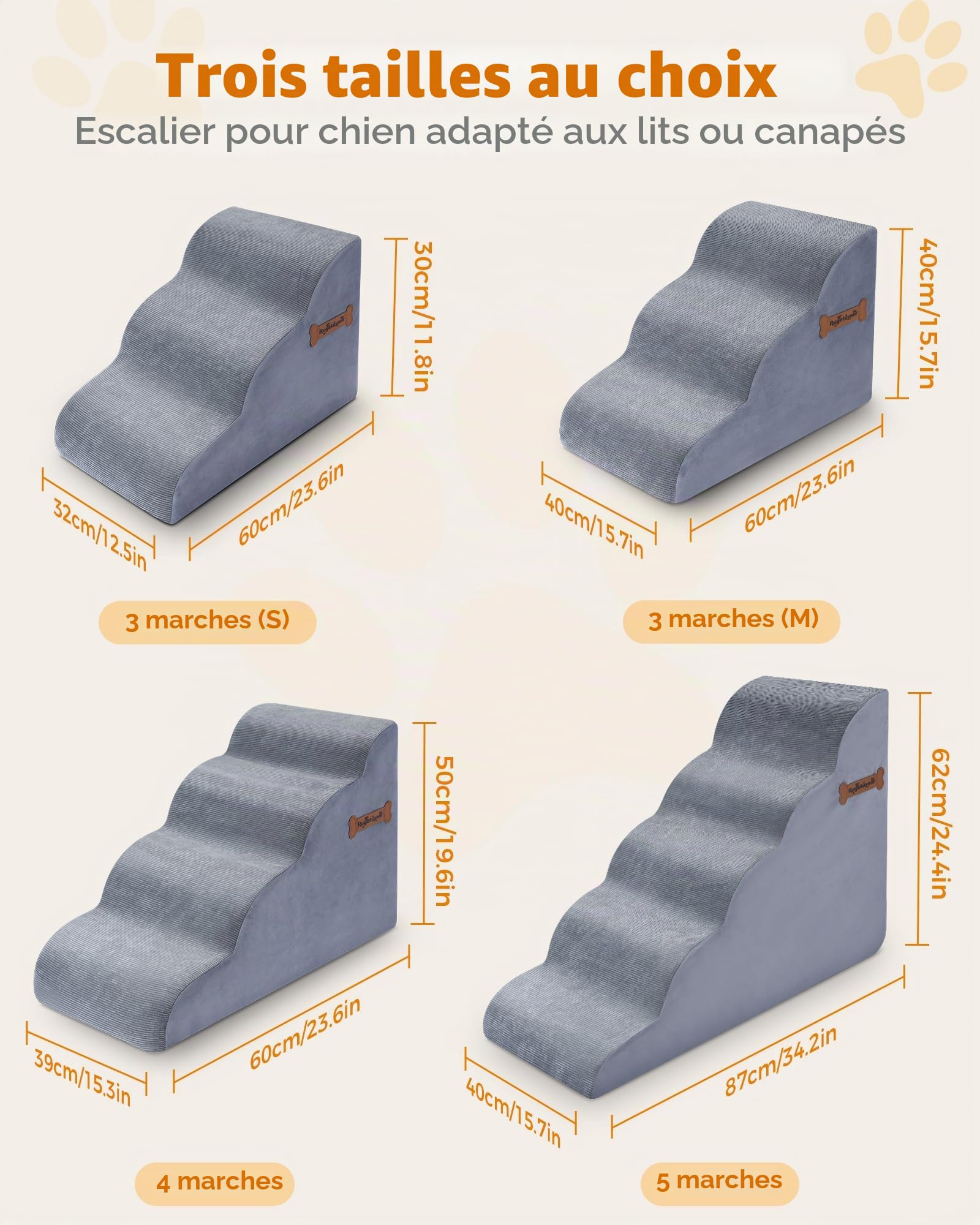 Marchepieds pour Chien à 3 Niveaux, 32 x 60 x 30 cm, pour canapé et lit Haut, marches antidérapantes pour Animaux domestiques, Rampe en Mousse de 30 cm de Haut – Idéal pour Les Petits Animaux