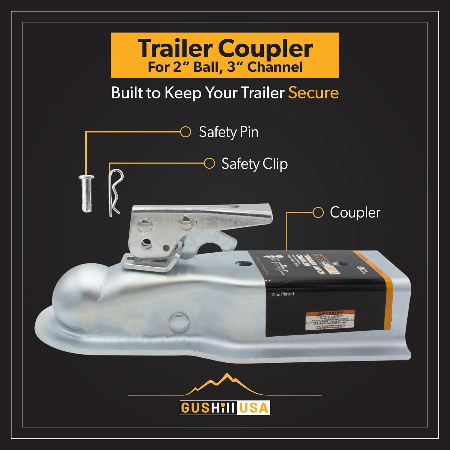 GusHill USA GH25138 Straight Tongue Trailer Coupler for 3-Inch Channel,2-in Hitch Ball, 3,500 lbs, Zinc Plating