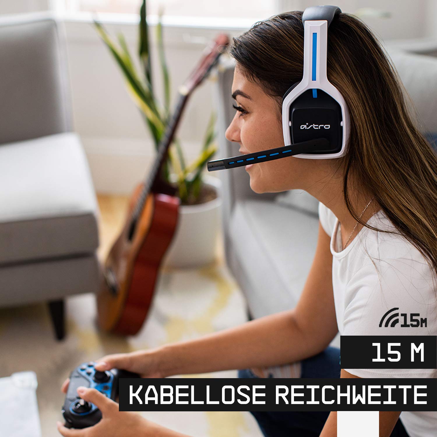 ASTRO Gaming A20 Wireless Headset Gen 2, Leicht & Robust, Flip-to-mute-Mikrofon, +15-Stunden Akkulaufzeit, 15m Reichweite, für PlayStation 5, PS4, PC, Mac - Weiß/Blau