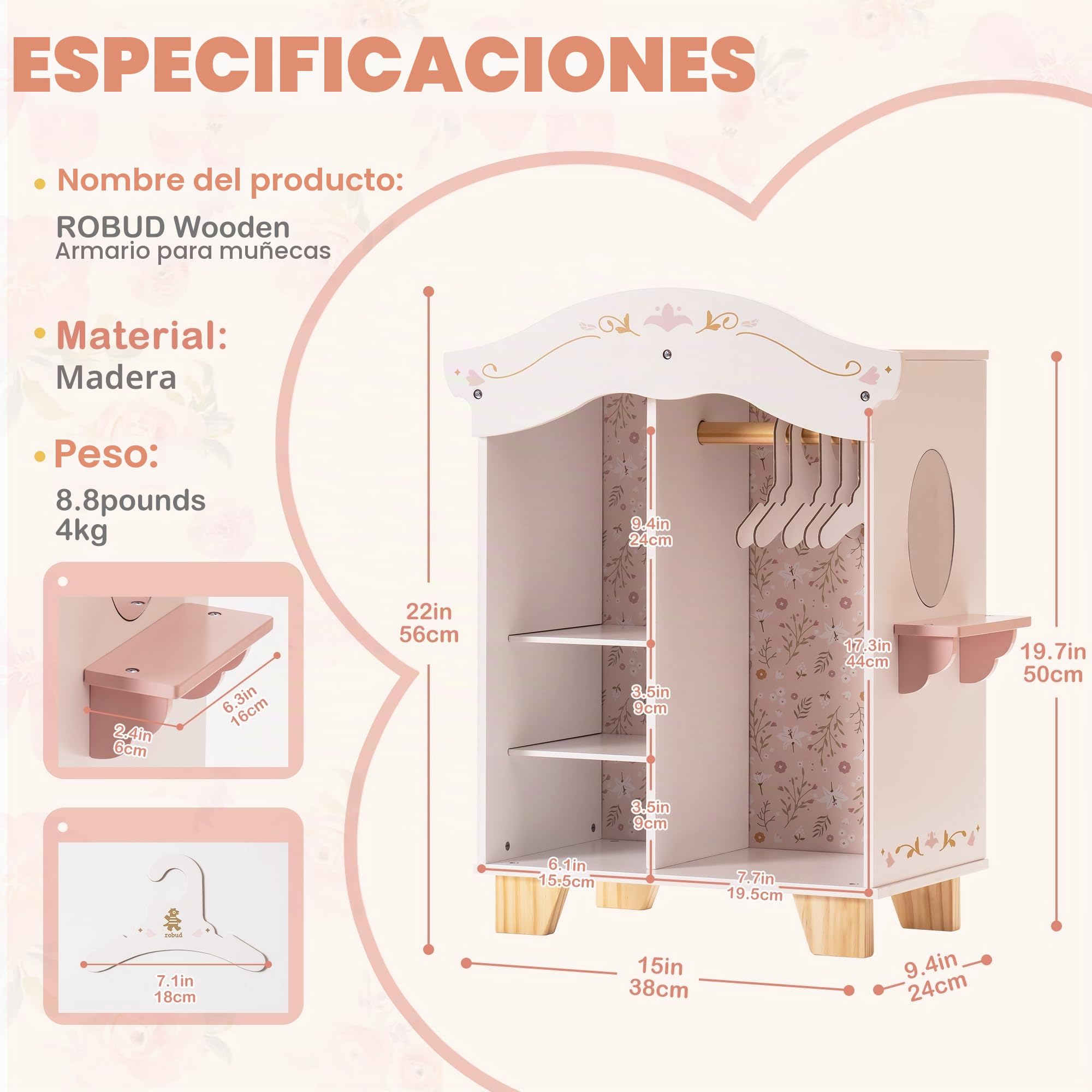 ROBUD Armario de madera para muñecas con espejo y 5 perchas para niños a partir de 3 años