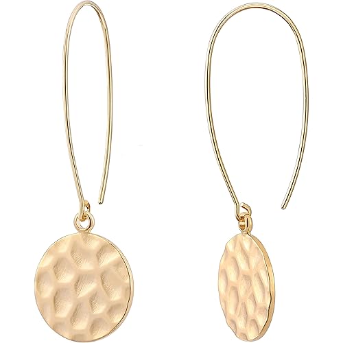 Statement Long Gold Circle Simicircle Ball Dangling Earrings for Women Lightweight Circle Disc Coin Geometric Flat Brushed 18k Gold Plated Drop Dangle Hanging Hoop Earrings for women Gift for Her
