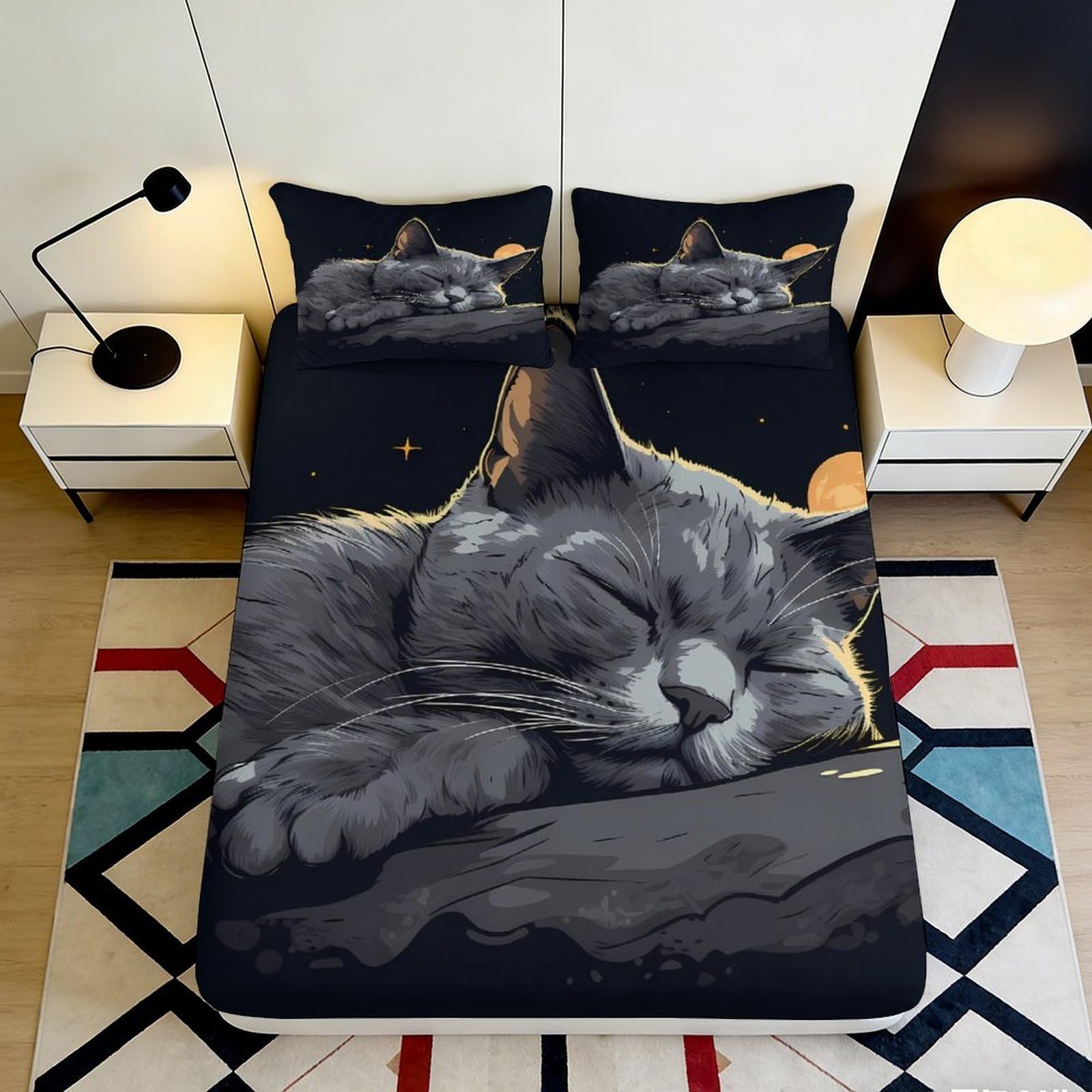 3D Printed sleeping cat Fitted Sheet, Microfiber soft touch, stylish room accent, apartment bedding, easy care for bedroom decor, wrinkle resistant, mattress protection 120x200x25cm