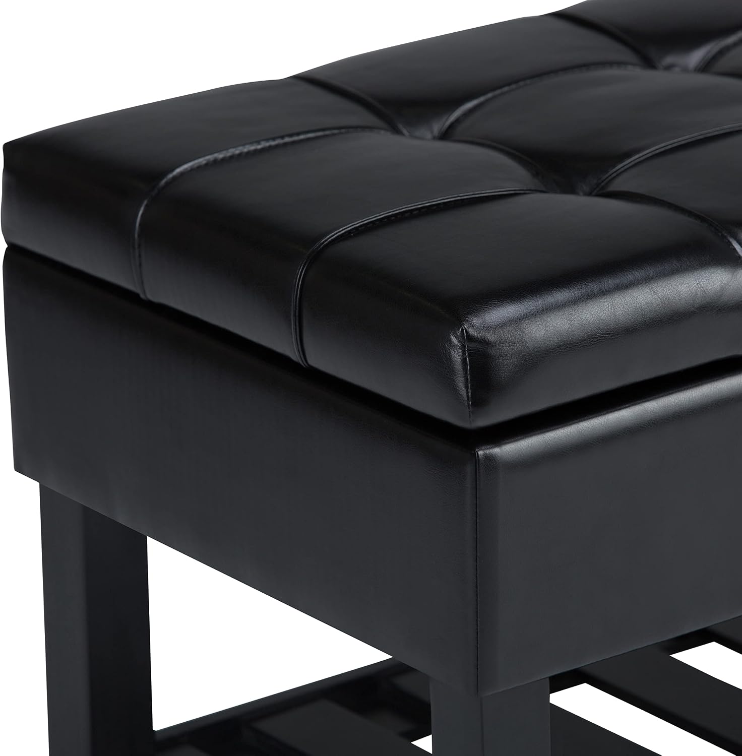 SIMPLIHOME Saxon Storage Ottoman Bench - 43 inch Wide Upholstered Vegan Leather Rectangle Storage Ottoman in Midnight Black, Transitional Bench for Bedroom with Tufted Lift-Top and Open Bottom Shelf