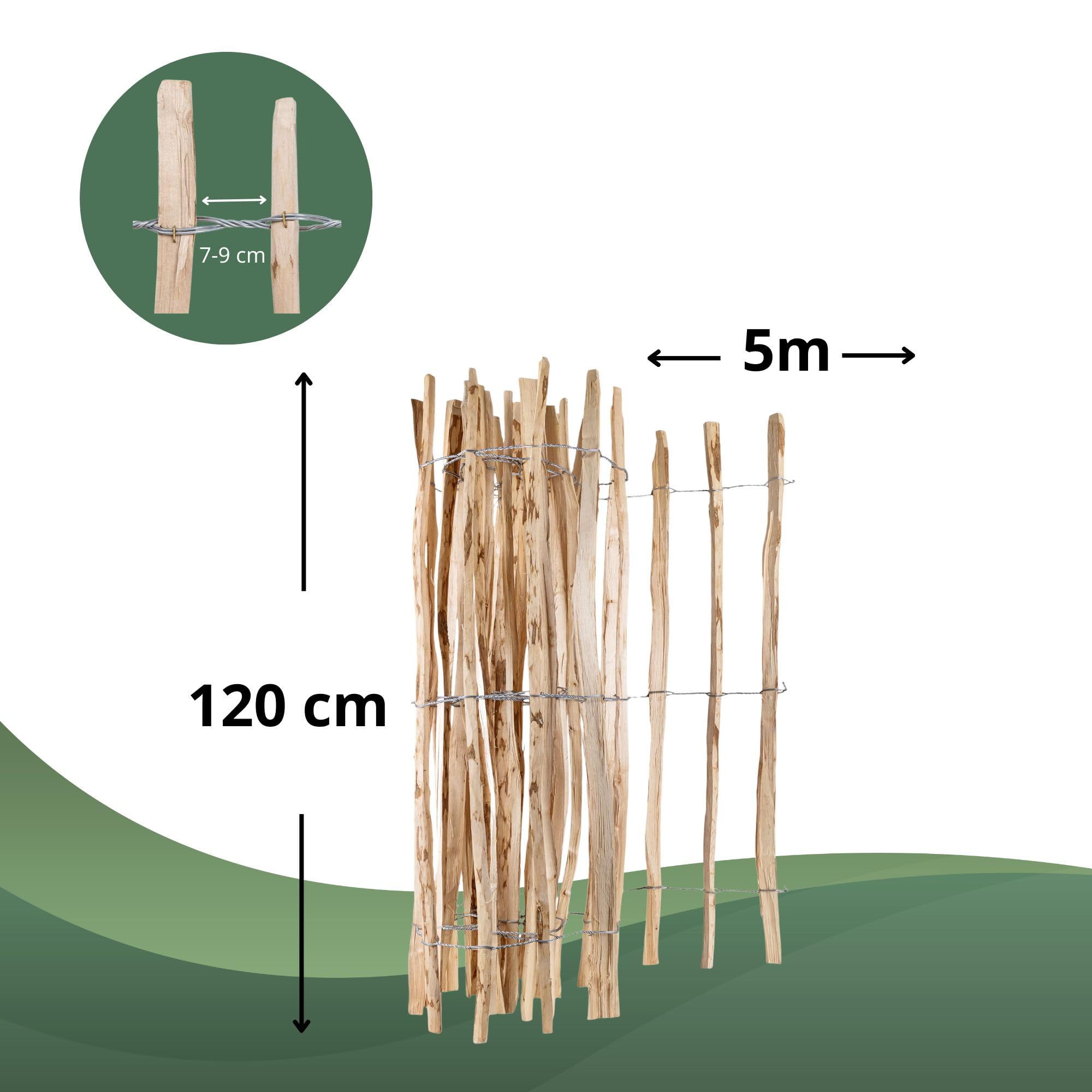 Creative Home Valla de Madera de Avellano | 120 cm de Altura y 5 m de Largo | Valla Enrollable | Espaciado entre Listones 7-9 cm | Ideal para Bordes de Flores | Cerca de Jardín de Madera de Nogal