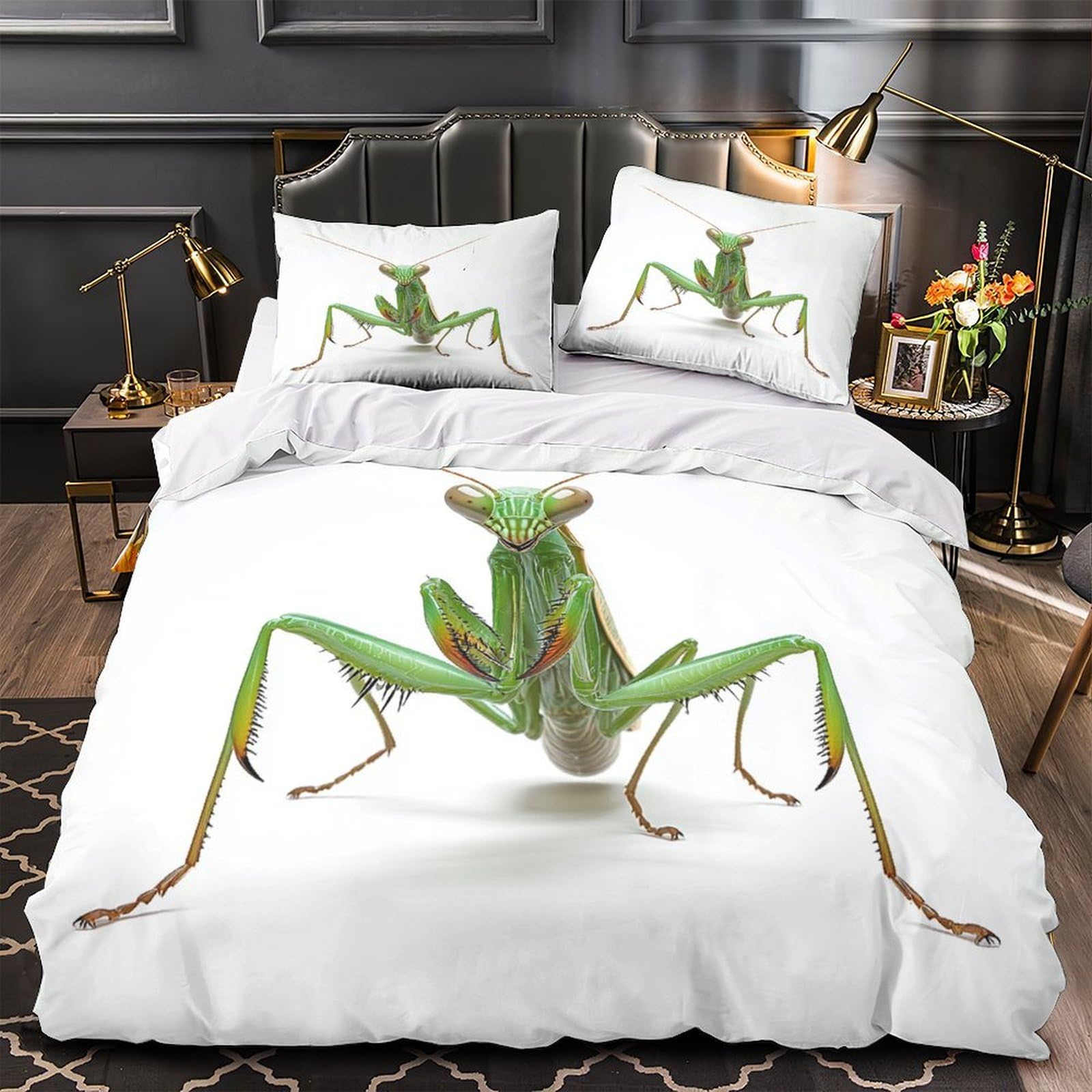 MMDASBVPE Green Mantis Duvet Cover 3D Design Printed Hypoallergenic 3 Pieces Bedding Set Zipper Quilt Cover Ultra Soft Washable for Teens Kids Girls Boys Women Adults Single（140x200cm）