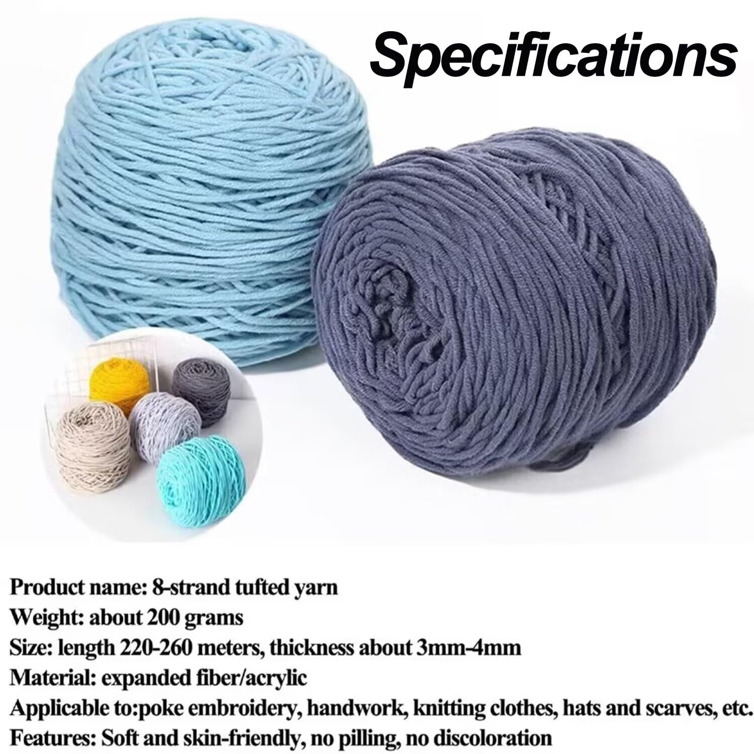 Fil à touffeter pour la fabrication de tapis, 200 g, fil acrylique 8 brins pour chapeaux, écharpes, fil touffeté doux et fantaisie pour pistolet à touffetage