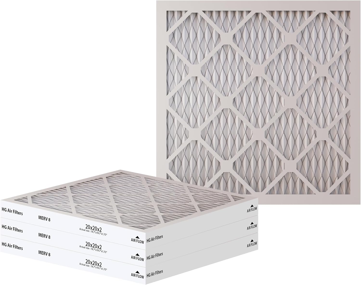 HG 20x20x2 Air Filter Actual Size: 19.7" x 19.7" x 1.75" MERV 8 MPR 600-700 | MADE IN USA | 4-Pack | Pleated HVAC AC Furnace Replacement