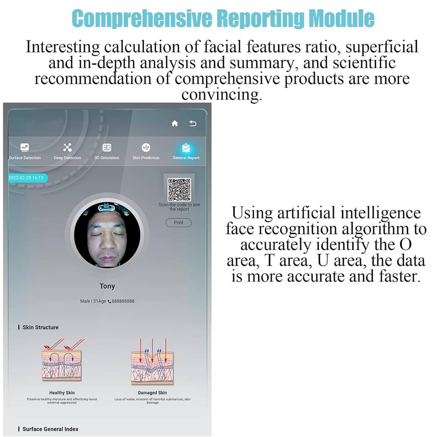 Qiang Smart Skin Detector Analysedetektor,3D-Hautsensor-Scannergerät mit 13,3-Zoll-HD-Bildschirm,KI-Gesichtserkennungstechnologie,8 Spektralanalysen,36 Millionen Pixel,für umfassende Haut,White
