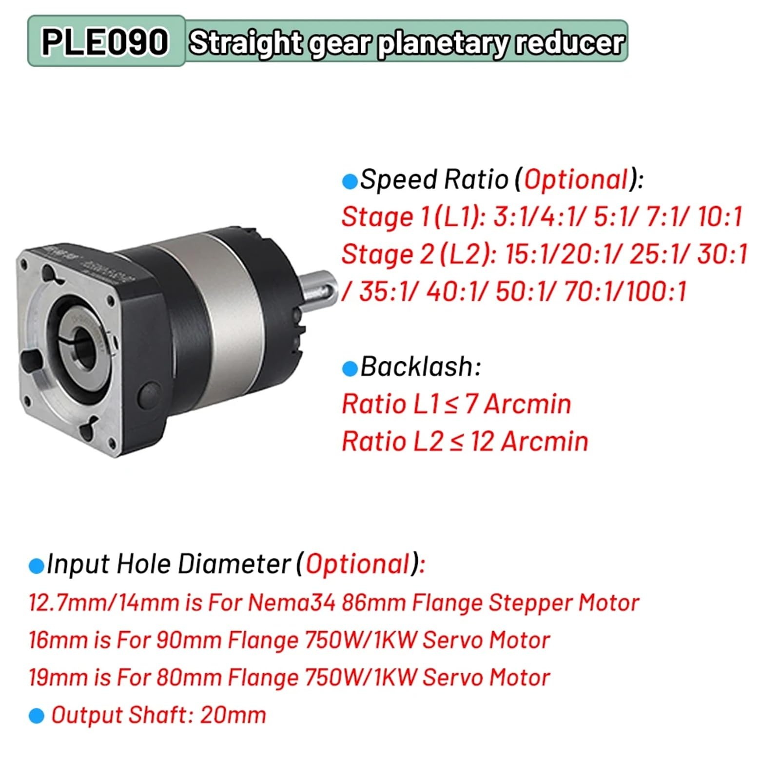 Reduktor prędkości przekładnia prosta Nema, reduktor planetarny, przekładnia redukcyjna do silnika serwo 600 W i 750, silnik krokowy do 86 mm (przełożenie prędkości 35 do 1,PLF090-14mm-86step)