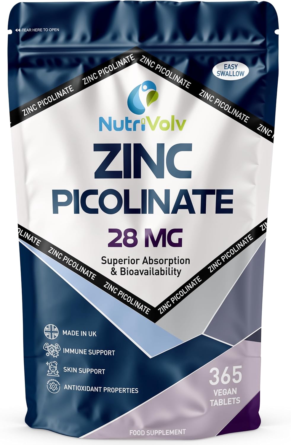 Zinc Picolinate 28mg | 365 Tablets | 1 Year Supply | One A Day | Max Absorption & Bioavailability | Immune Function, Fertility & Healthy Bones, Vision, Hair, Nails, Skin | Vegan UK Made | by NutriVolv