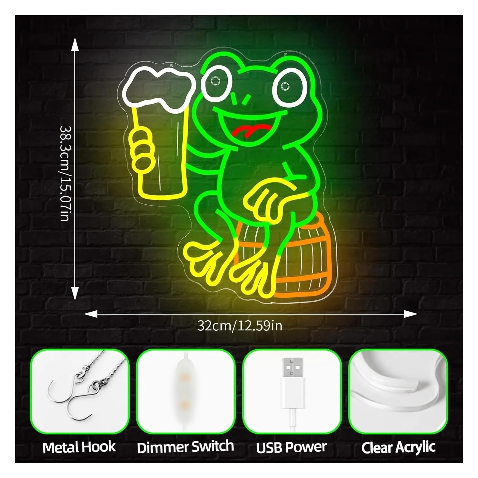 Insegna al Neon Rana Insegna Al Neon Luce LED Alimentata Tramite USB Per La Stanza Dei Bambini Bar Party Gaming Camera Da Letto Decorazione Estetica 38.3X32cm