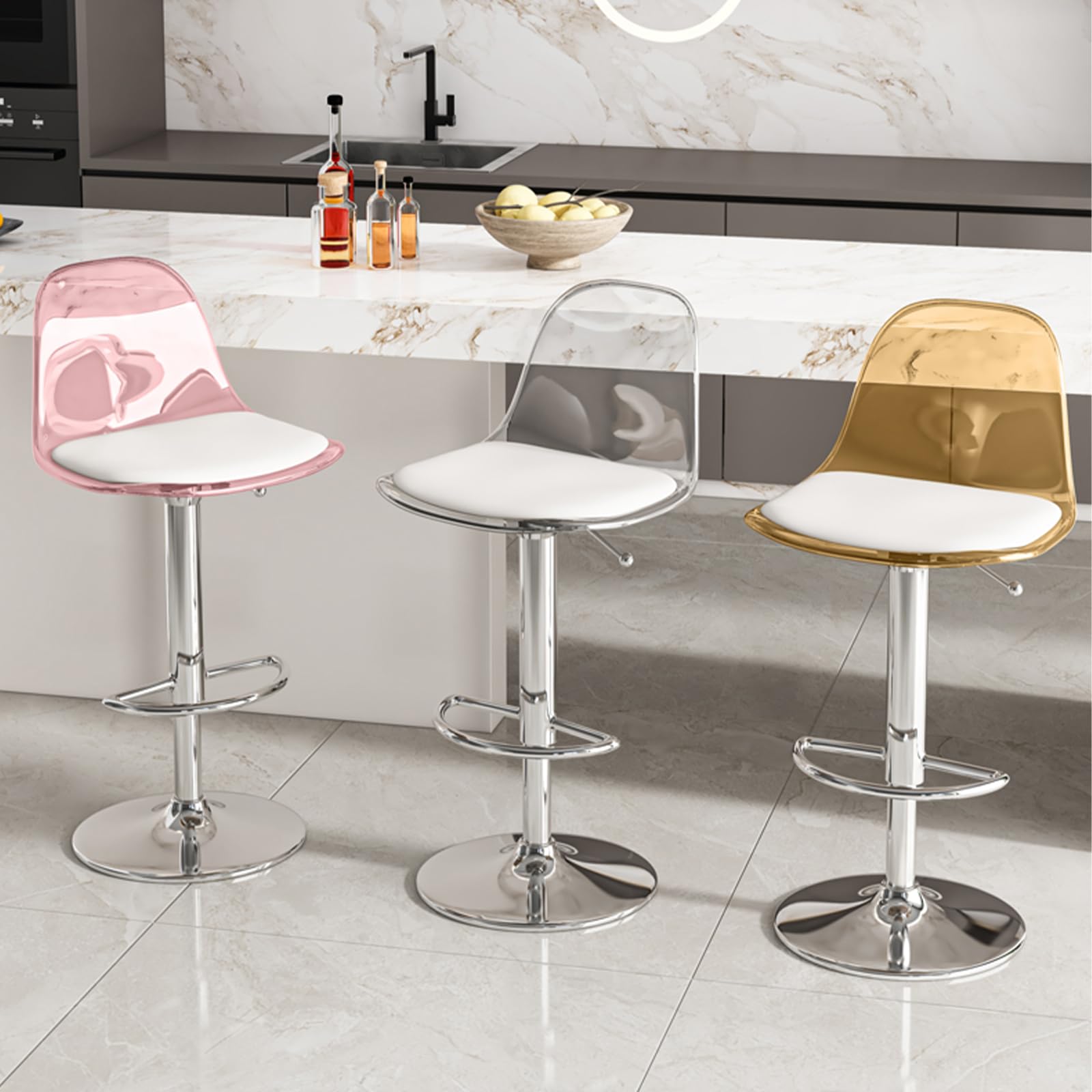 Tabourets de bar pivotants avec dossier, pieds en métal, design transparent – Tabourets de comptoir modernes pour îlot de cuisine et bar de petit déjeuner, sièges de table pour salle à manger