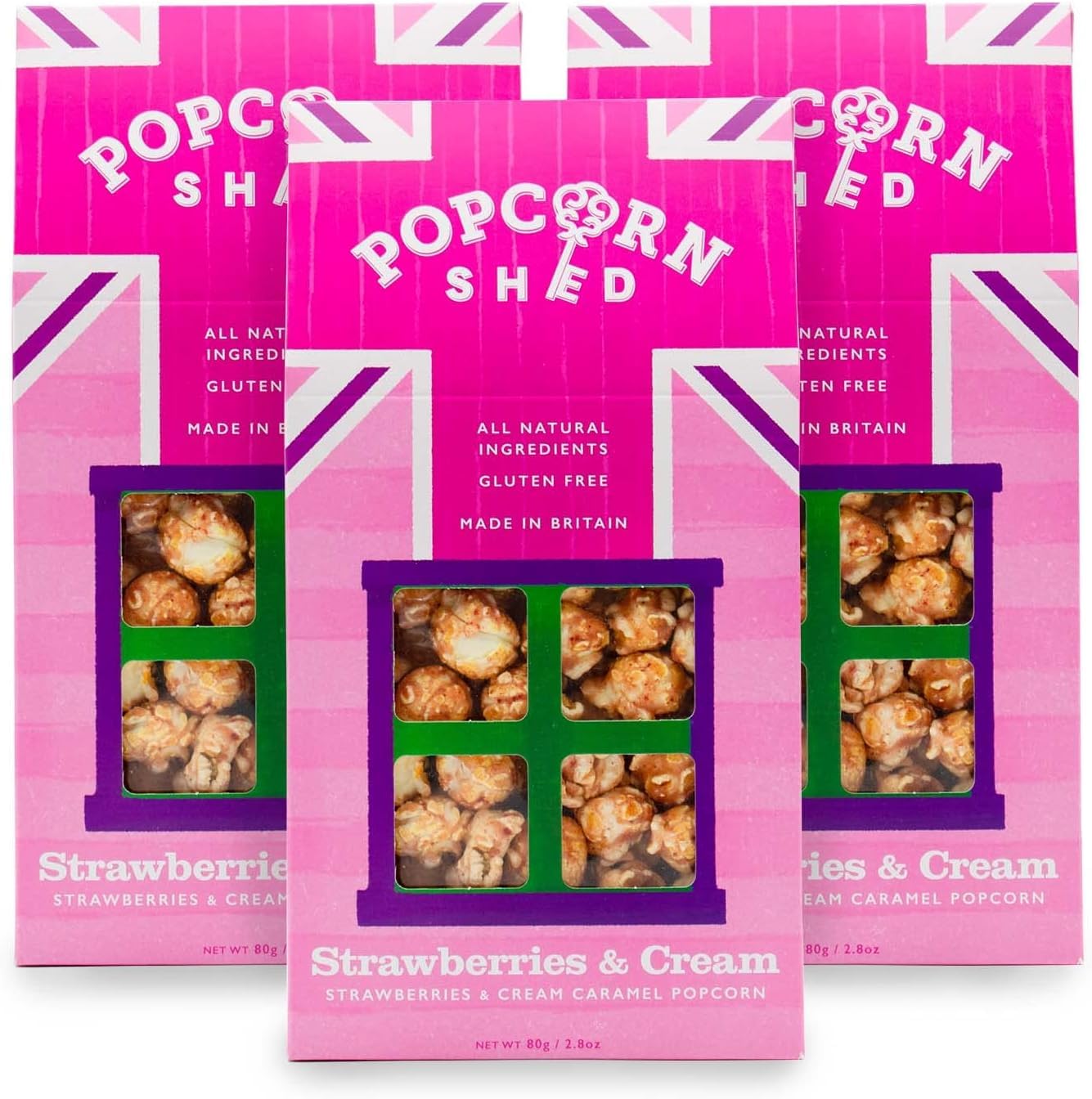Popcorn Shed Strawberries & Cream Gourmet Popcorn (3 x 80g) - Caramel Popcorn with Strawberries and Double Cream, Easy & Low Calorie Snack, Perfect for Parties, Movie Nights & Gifting