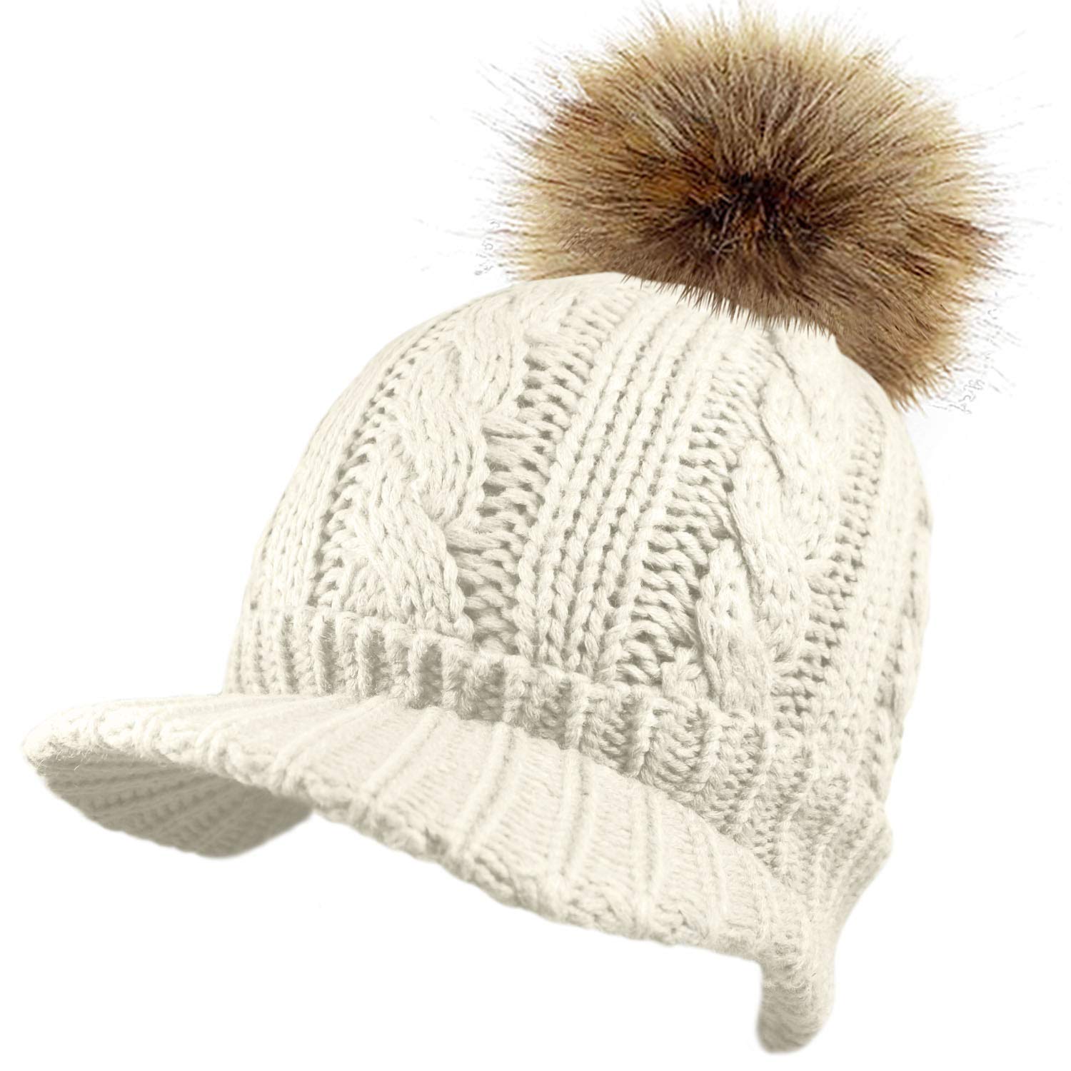 Toskatok Women's Cream Cable Knit Peaked Beanie Cap Hat With Warm Fleece Lining And Detachable Faux Fut Pom Pom