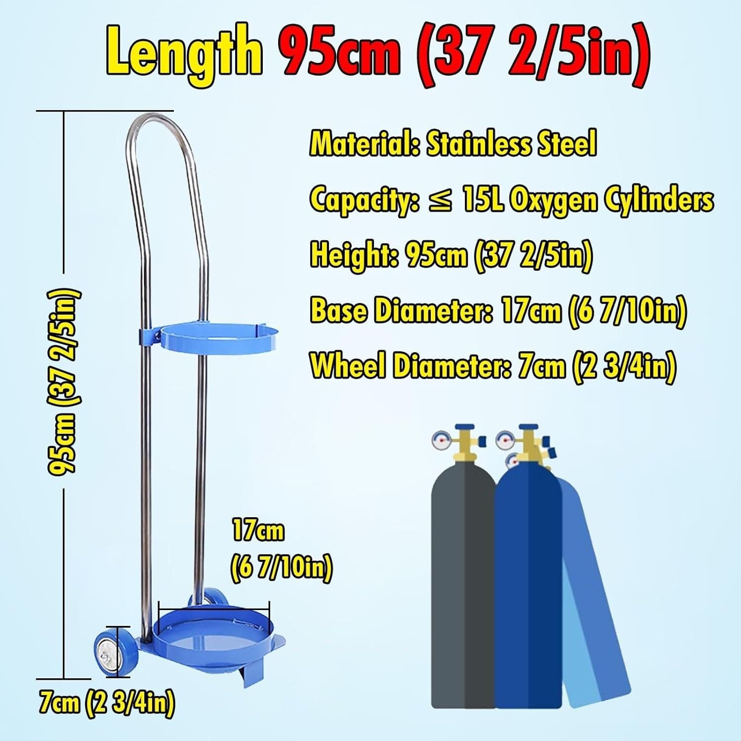 Carrello Porta bombole di Ossigeno Portatile a Due Ruote, Carrello Singolo Leggero for bombole di Gas da 10L 15L 20L(15L 95cm(37 2/5"))