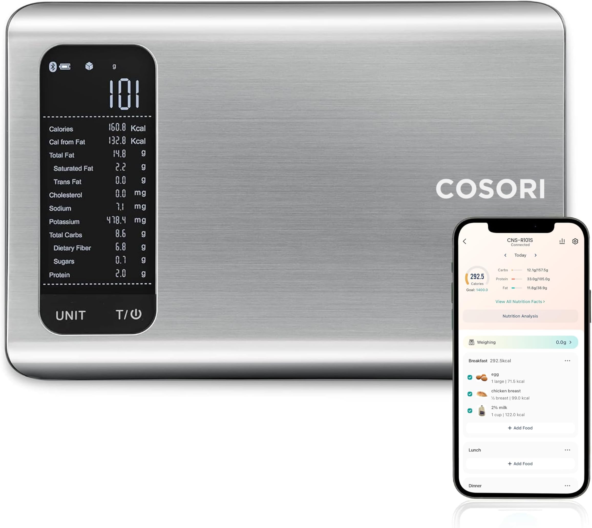 Smart Kitchen Food Scales, Free App with 1.9 million UK Food Database, Nutrition Scale with 19 Nutrients Tracking, Calorie Counting for Weight Loss&Fitness, Premium Stainless Steel, Silver