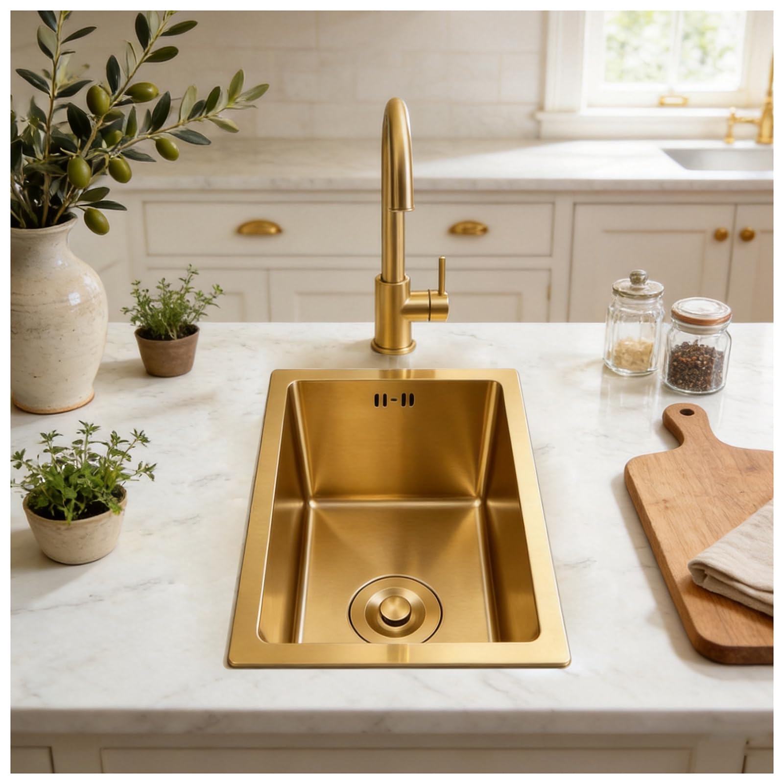 HZKSINNK 38x26cm Kitchen Sink, Brushed Gold Single Bowl Sinks, Stainless Steel Bar Kitchen Sinks, Undermount Or Above Counter Sink With Drain Filter