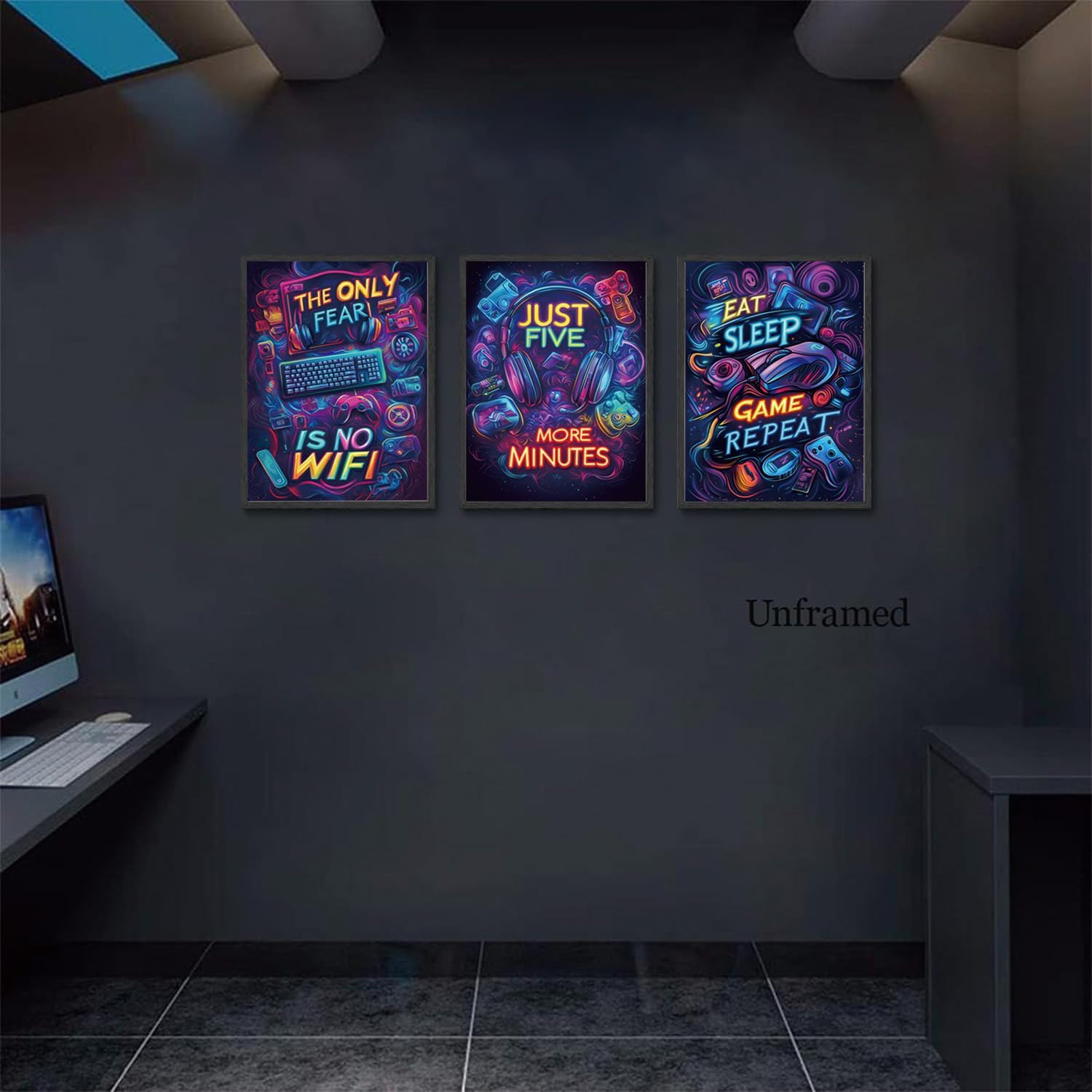 Yolbcdr Neon Gaming Posters Video Game Wall Art Prints Set of 3 Game Room Decor Gaming Sign Painting Playroom Cool Pictures Gamer Wall Decor for Boy Teen Men Bedroom Bathroom 12x16in Unframed - Image 3