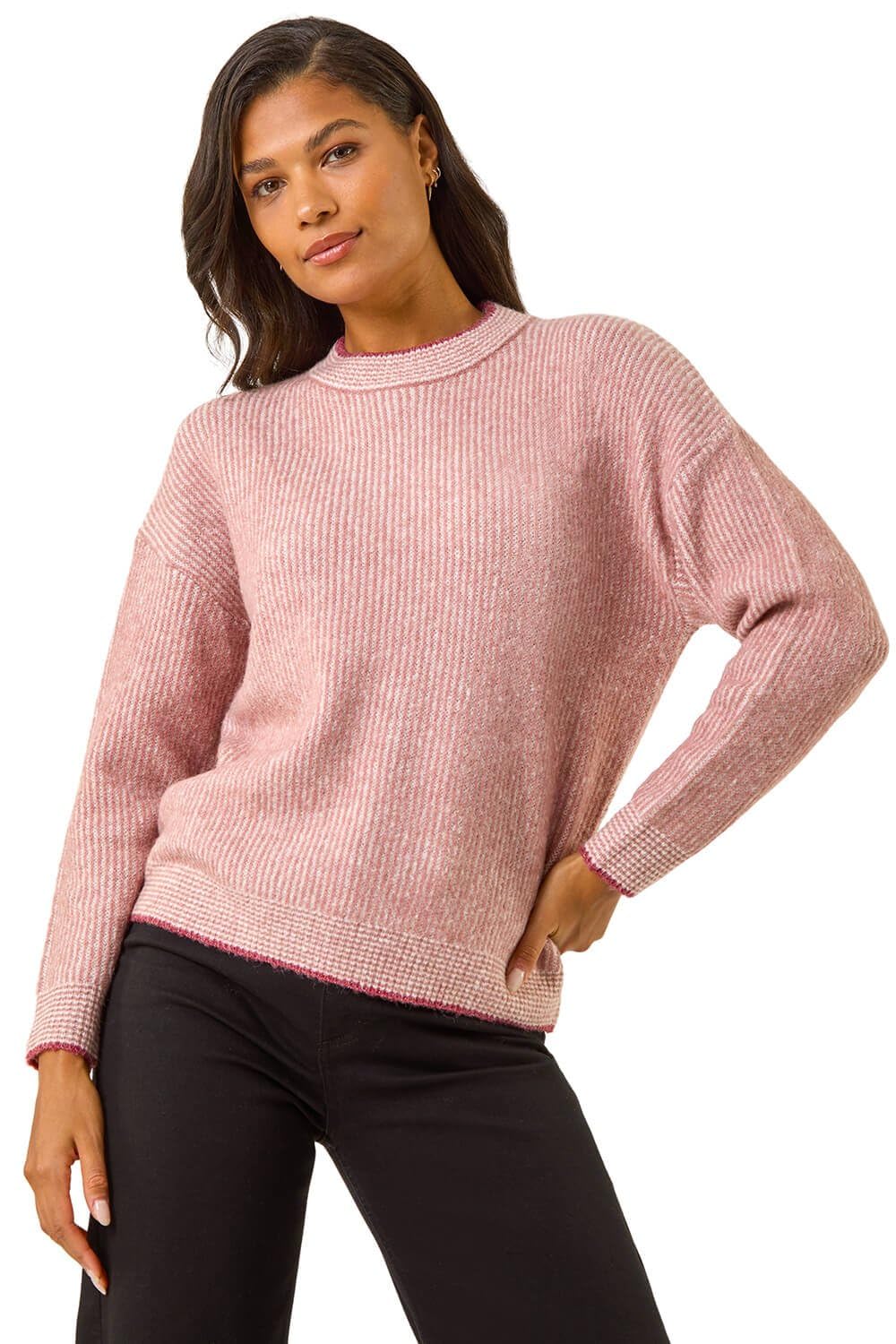 Roman Originals Women's Rose Stitch Detail Soft Knit Jumper For Uk - Everyday Autumn Winter Round Neckline Comfy Soft Evening Vacation Work Party Night Out - Size 10