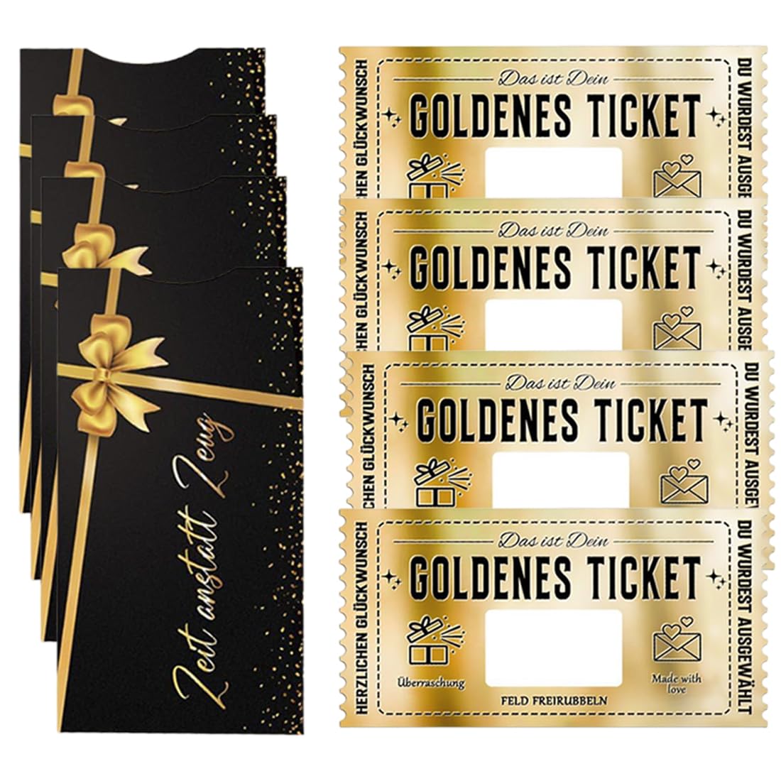 4 Stück Goldenes Ticket, Gutschein zum Selber Ausfüllen mit Rubbellos Umschlag, Personalisierte Lustige Geschenke, Geburtstagsgeschenk Geburtstagskarte für Frauen Beste Freundin Männer