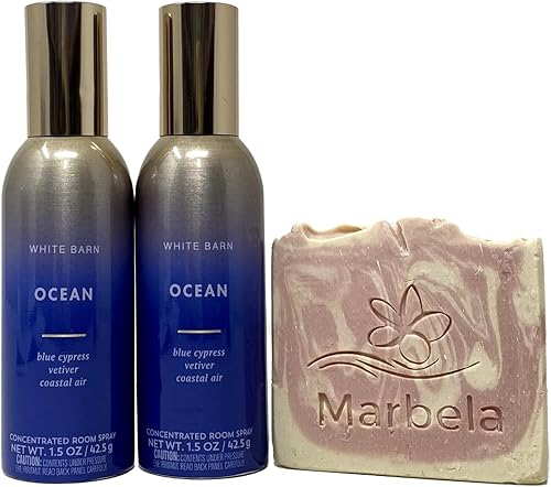 Bath and Body Works White Barn - Juego de 2 aerosoles concentrados con jabón de muestra de Marbela, color blanco