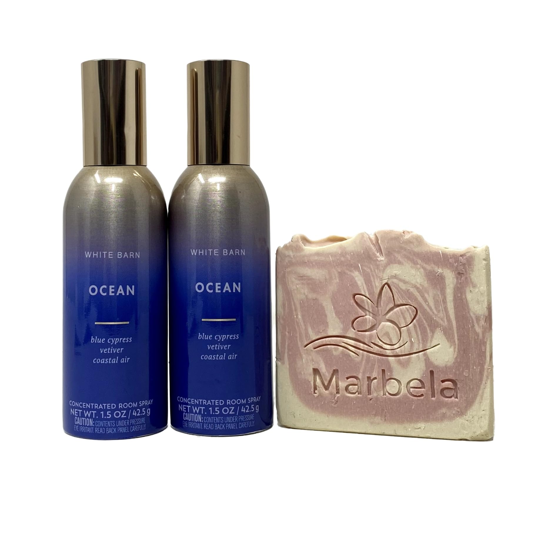 Bath and Body Works White Barn 2 Pack Ocean Concentrated Room Spray Set with a Marbela Sample Soap